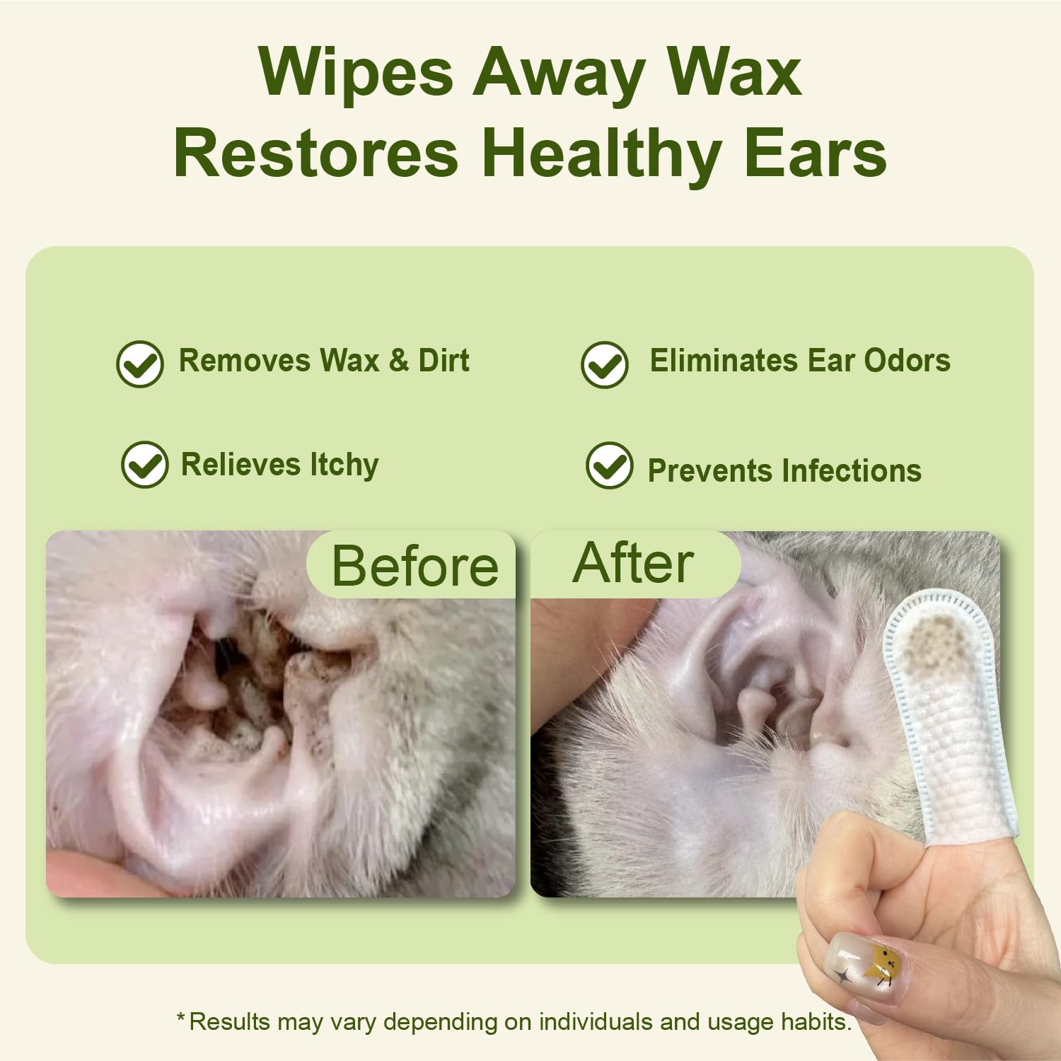 Dog Ear Finger Wipes for Dogs & Cats, Thicker Dog Ear Cat Ear Cleaner Wipes, Dog Ear Infection Relief to Relieve Ear Itching, Remove Ear Wax, Dirt, Smelly - Fresh Green Tea Scent - image 4