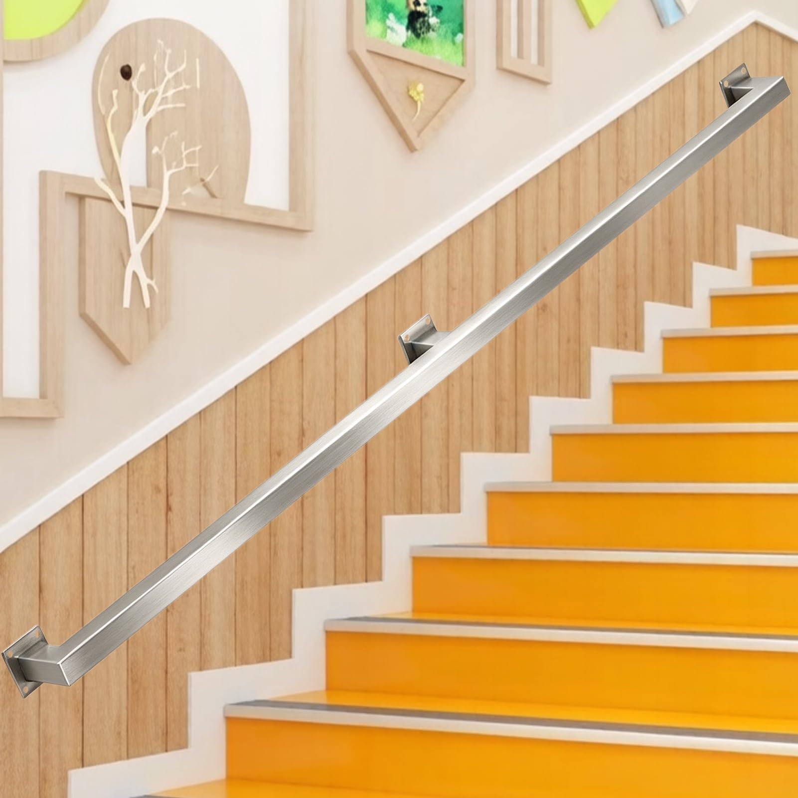 Liyadolaam Women's One Color Stair Railing Indoor Sliver Metal Wall Mounted Handrail For Stairs 200Kg Load Capacity Industrial Square Pipe Hand Rails For Kindergarten Deck Loft Porch Rust-Resistant(9Ft/270Cm)