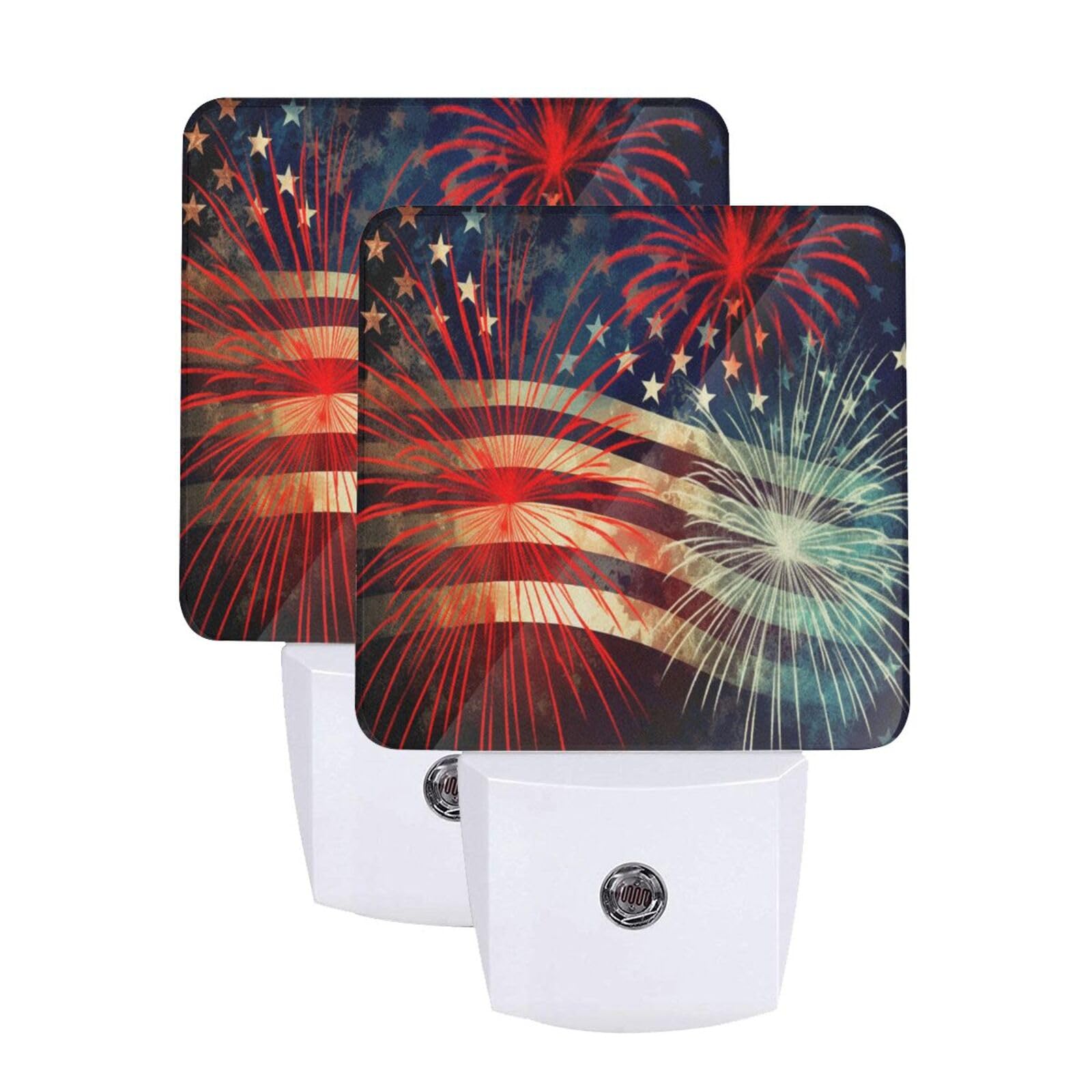 Fireworks US Flag Night Light Set of 2, Auto Sensor LED Dusk-to-Dawn Nightlights, Plug-in Sensor Lamp for Bedroom Bathroom Kitchen Hallway Stairs Decorative