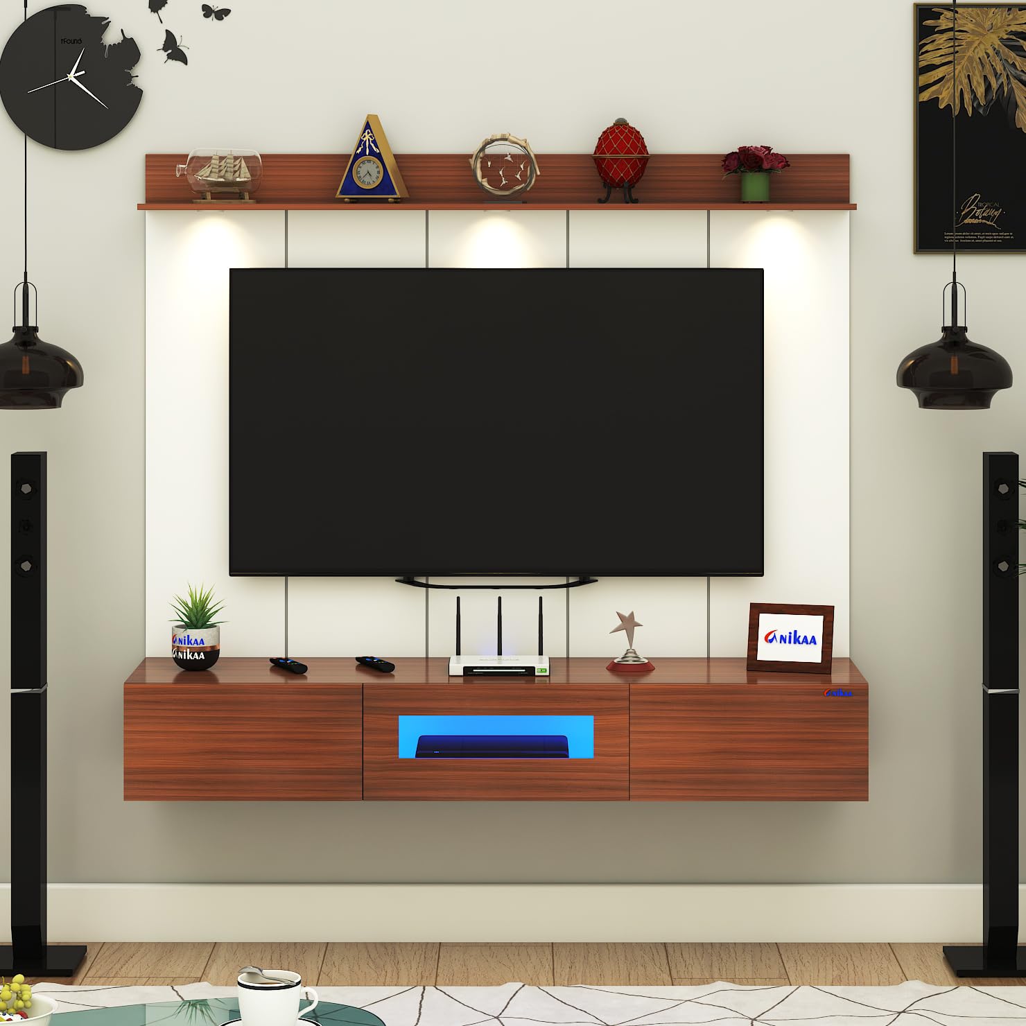 Anikaa Lucen PVC Back Panel Wall Mounted TV Unit with Spot & Blue Ambient LED Light – Acrylic Storage Box, Display Shelf & Soft-Close Hinges | Ideal for UP to 50 Inch TV (Walnut – DIY Installation) Anikaa Lucen PVC Back Panel Wall Mounted TV Unit with Spot & Blue Ambient LED Light – Acrylic Storage Box, Display Shelf & Soft-Close Hinges | Ideal for UP to 50 Inch TV (Walnut – DIY Installation)