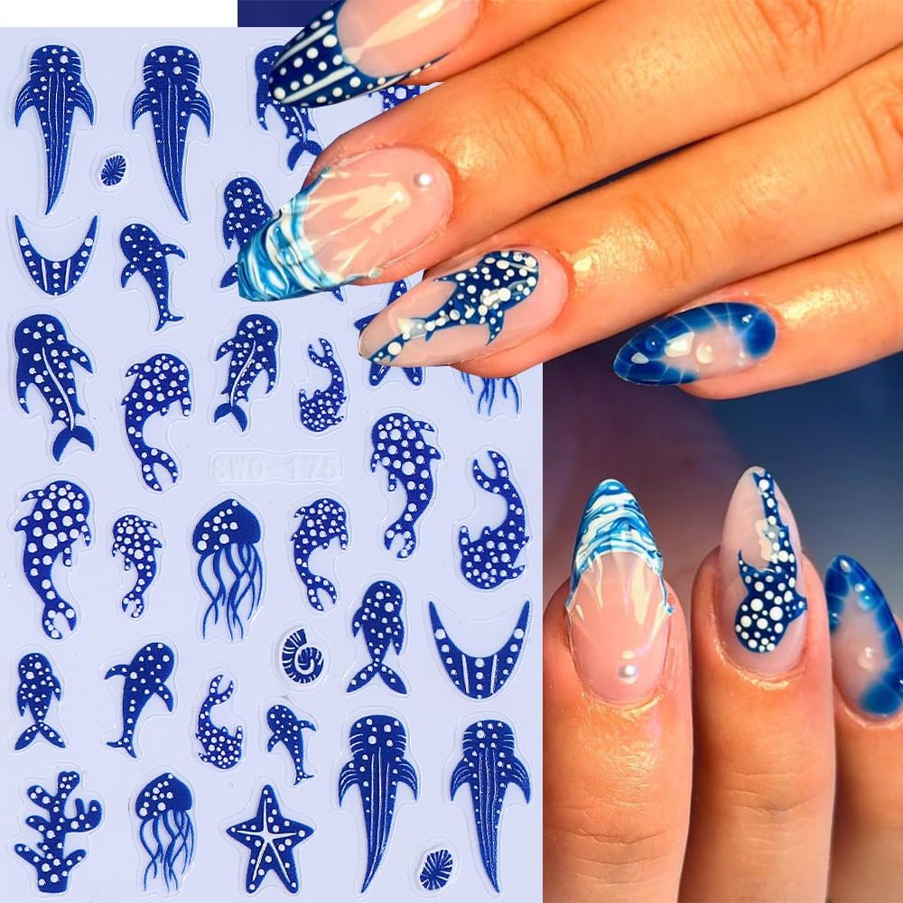 Summer Nail Stickers Beach Ocean Nail Art Stickers Blue Fish Nail Decals Self-Adhesive Shark Starfish Design Sticker Sliders Nail Decoration for Women Manicure Accessories 3Pcs image 2