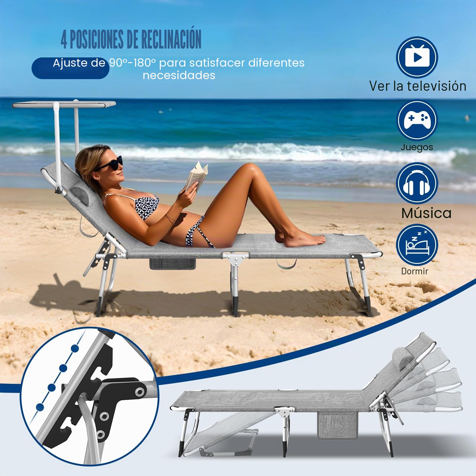 Tumbonas Extra Anchas 195 x 69 x 29, con Toldo Ajustable de 360°, Bolsillo Lateral, Respaldo Ajustable, para Jardín y Playa, 2 Unidades, Gris Oscuro