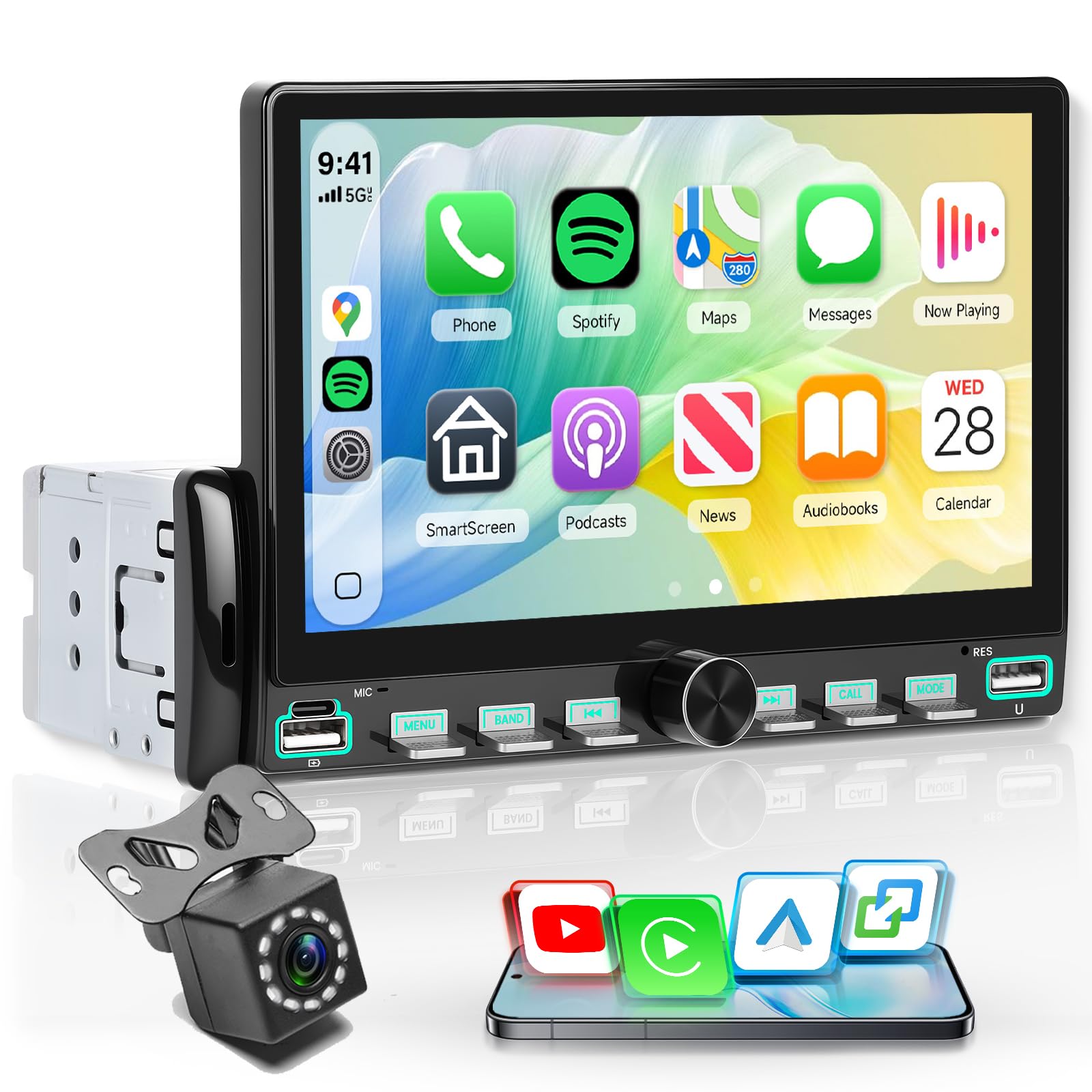 Rimoody Radio de Coche 1 DIN con Inalámbrico Carplay You-Tube Android Auto, 7 Pulgadas Pantalla Táctil Radio Coche iOS/Android Mirror Link Bluetooth FM Radio USB/EQ Control del Volante Cámara Trasera