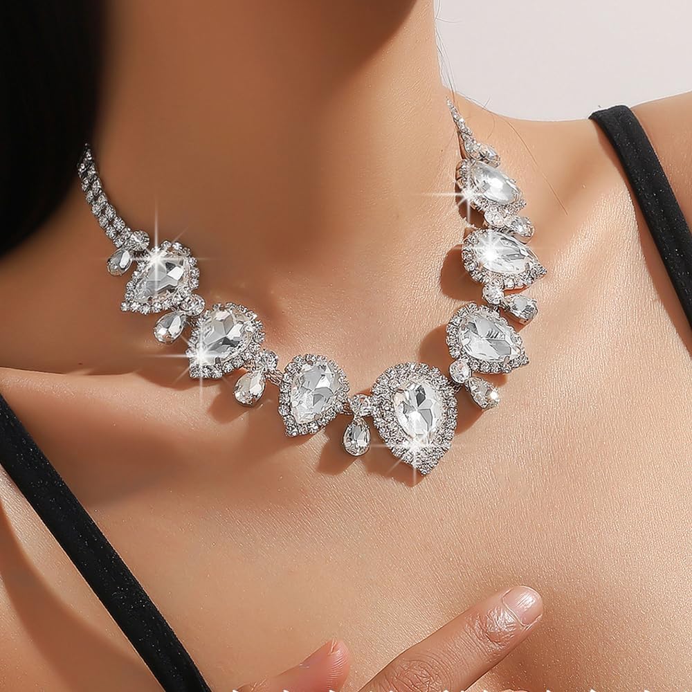 Fashion Colorful Silver Bridal Teardrop Layered Crystal Necklace Earrings Set Sparkly Rhinestone Crystal Elegant Bridal Floral Teardrop Choker Earrings Set Christmas Halloween Full Rhinestone Choker Necklace for Women - Image 4