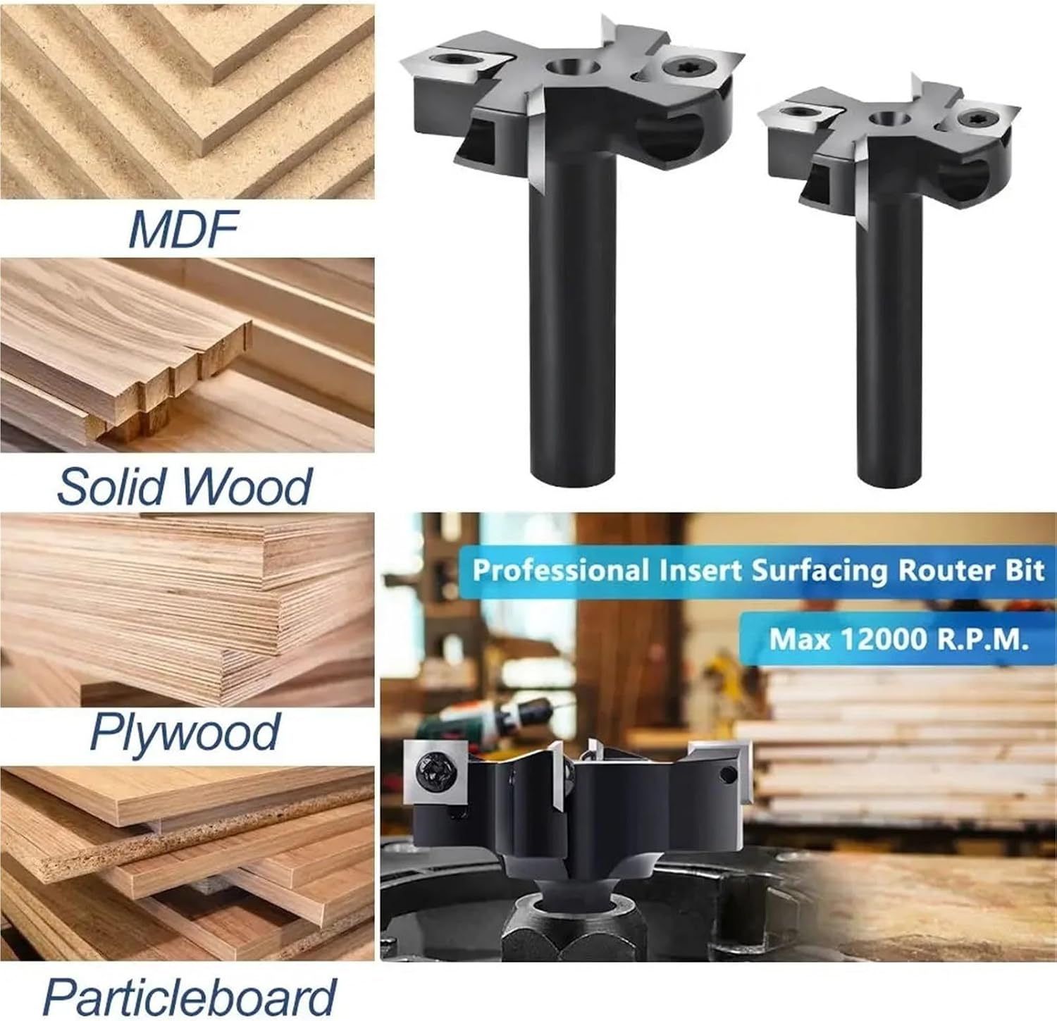 Milling machines, Milling Cutter Spoilboard Surfacing Route Bit Carbide Insert Slab Flattening Wood Planer Bit 8mm 12mm 1/4'' 1/2'' Shank(12x45x60L 4T)