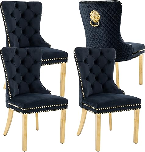 Miniatura 11 de KCC Juego de 2 sillas de comedor tapizadas de terciopelo, modernas sillas capitoné con botones con anillo de cabeza de león y patas de acero Patas