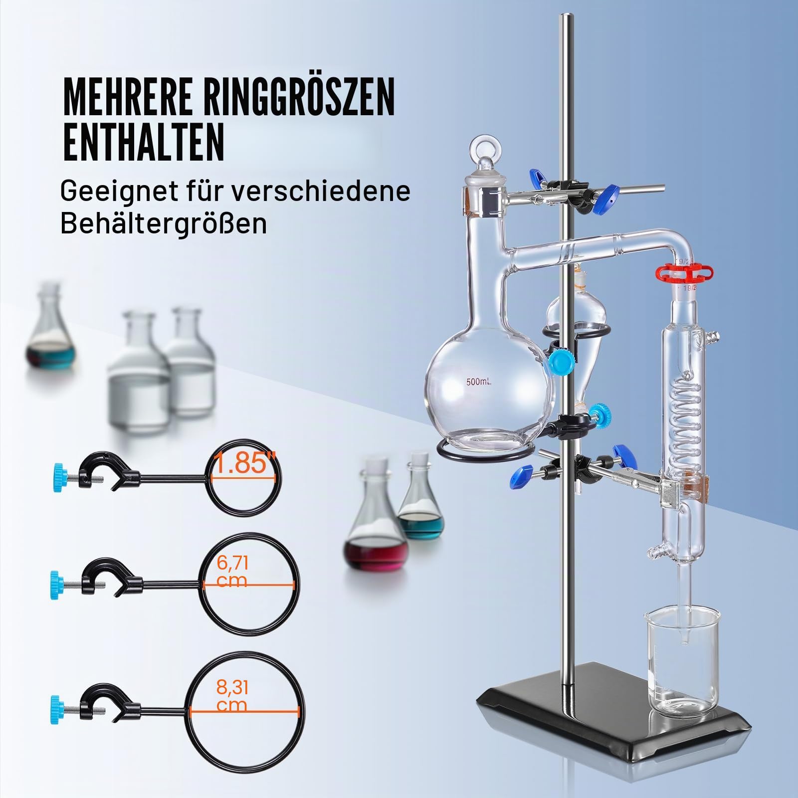 VEVOR Laborständer-Unterstützung, Labor-Retorten-Stützständer 1 Satz, Laborständer aus Stahl mit 60 cm Stab & 210,82 x 135 mm Gusseisenbasis, inkl. Kolbenklemmen, Bürettenklemmen und Kreuzklemmen