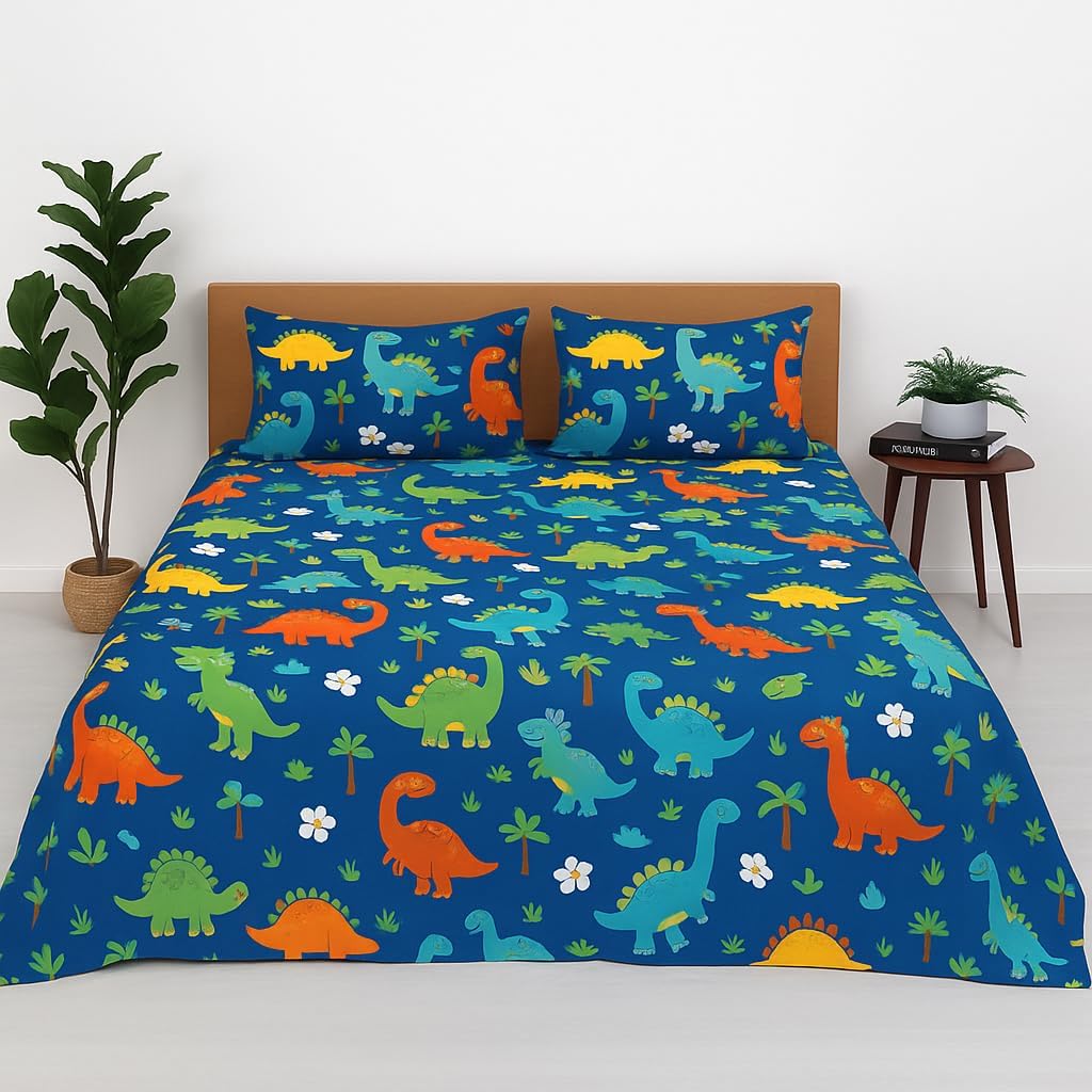 Cottington Lane Microfiber Bedsheet for Double Bed – Blue Dinosaur Print – Soft, Breathable & Wrinkle-Free – Includes 2 Pillow Covers – 90 x 100 Inches