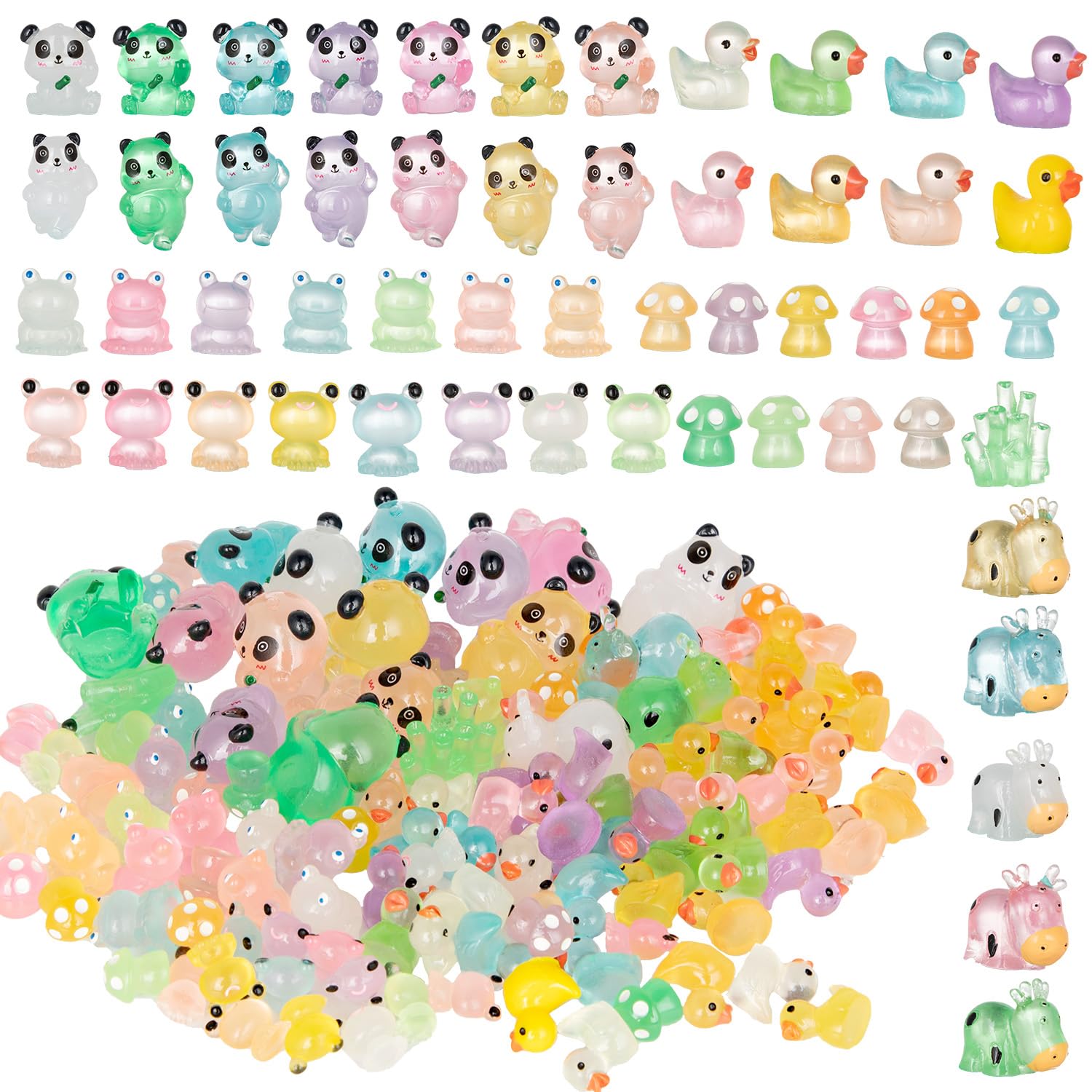 120PCS Mini Ducks, Frogs, Cow Glow Resin Animals Mushroom Decor Panda Mini Resin Figures for Dollhouse, Landscape, Garden, Cake Craft Decorations