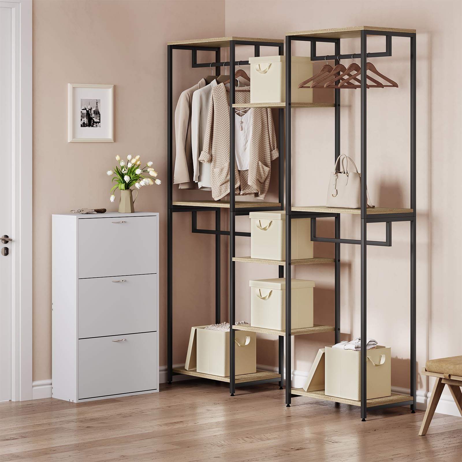 WOLTU Scatole Contenitori Pieghevoli Set di 10, Cubi in Tessuto con Manico, Coperchio e Struttura in Metallo, Organizer per Armadio e Scaffale, Crema, 27x27x27cm