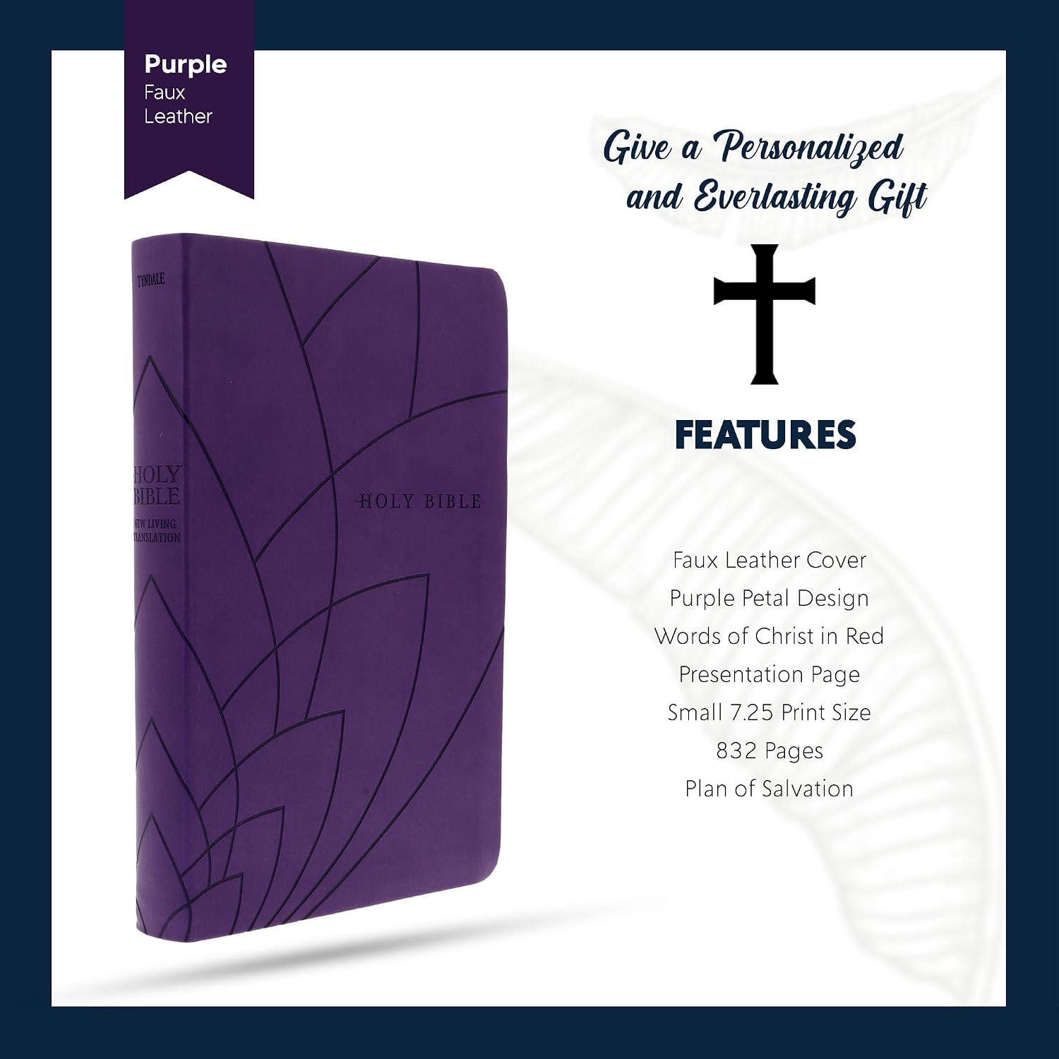 Personalized NLT Bible Faux Leather New Living Translation Bible Small Print Size with Petal Design | Custom with Name, Date or Text | Gift for Religious Celebrations | Purple
