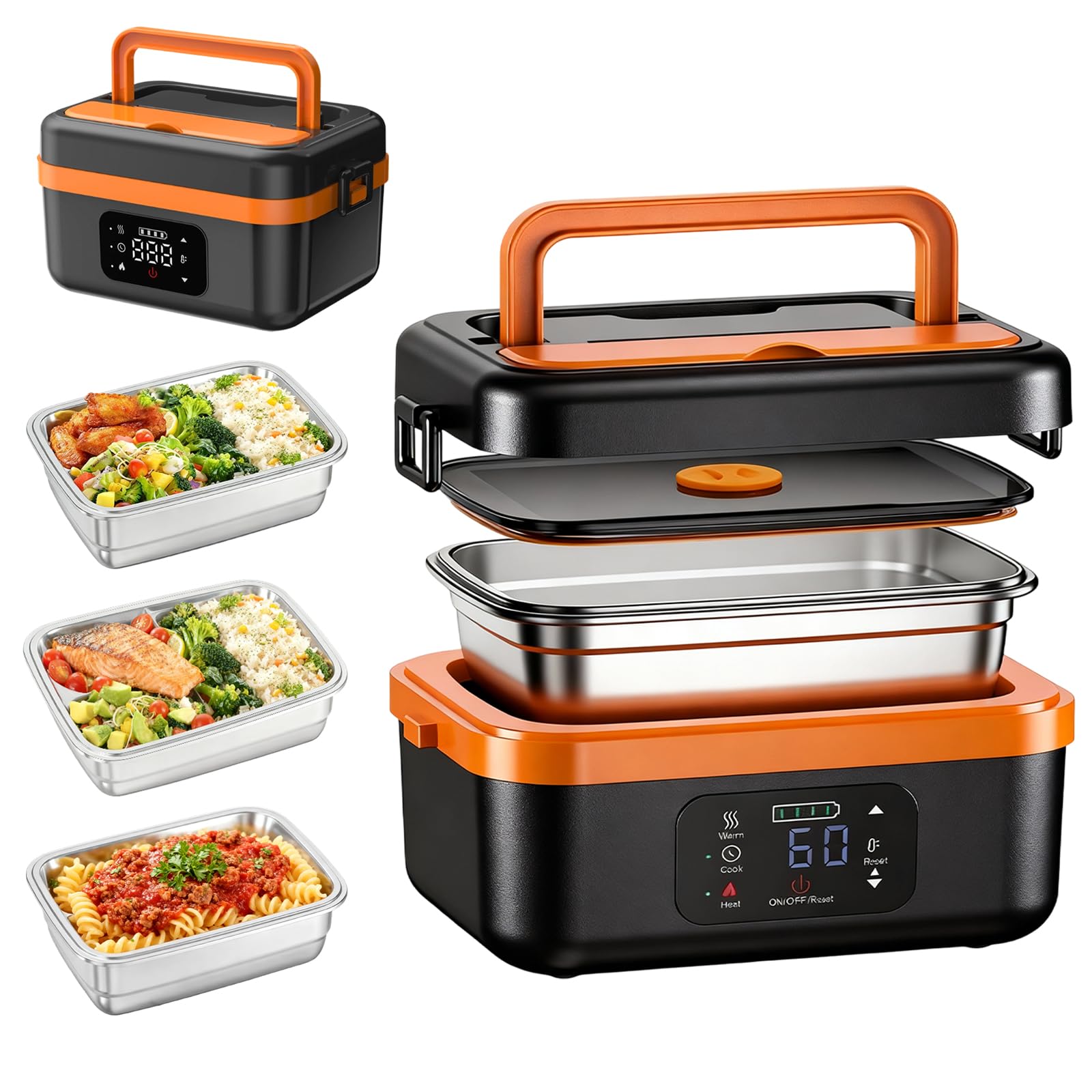 Lonchera eléctrica para alimentos, lonchera recargable para adultos, lonchera inalámbrica con autocalentamiento de 1 litro, contenedor interior extraíble de acero inoxidable 304, calentador de