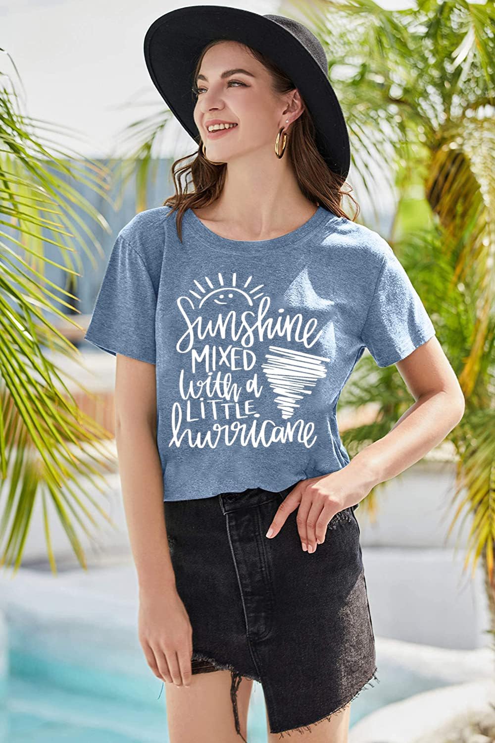 Cute Graphic Tees for Women Sunshine Mixed with A Little Hurricane Funny Saying Letter Print T Shirt - Image 2
