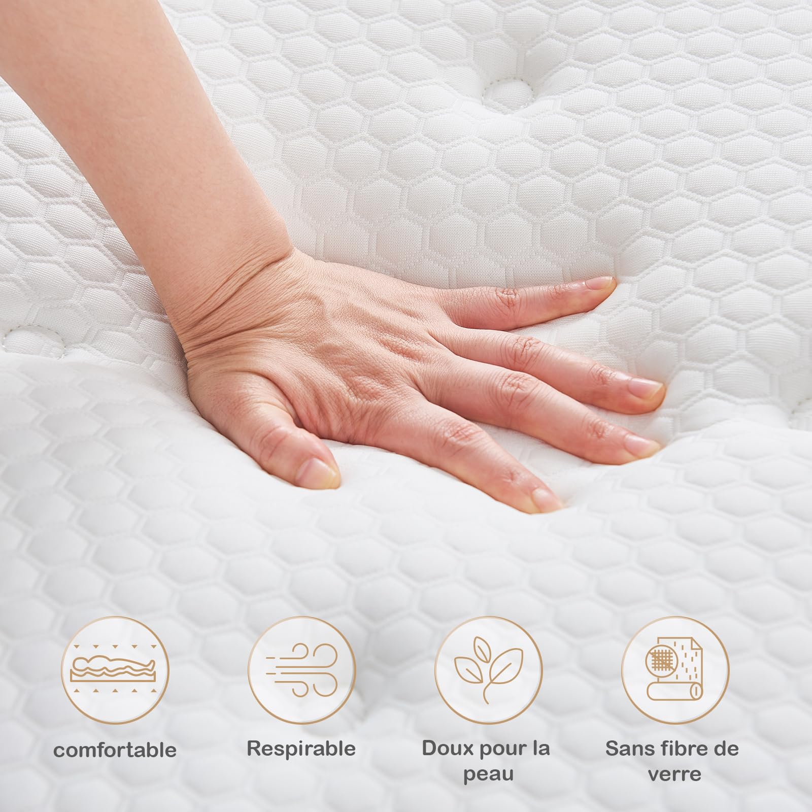 Hiepunos Matelas 140x200 cm, Épaisseur 26cm, Matelas à Ressorts Ensachés et à Mémoire de Forme, Matelas Hybride, 7 Zones de Confort, H3 Moyenne Ferme, Soutien Parfait, Respirant