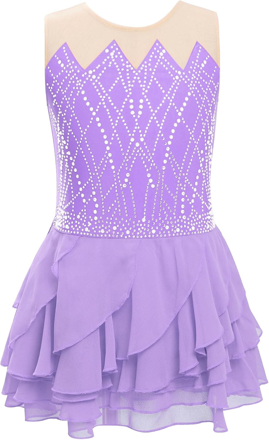 Agoky Kids Girls Sparkly Figure Skating Dress Sleeveless Ruffle Tiered Skirt Shiny Ice Skating Dress Dancewear