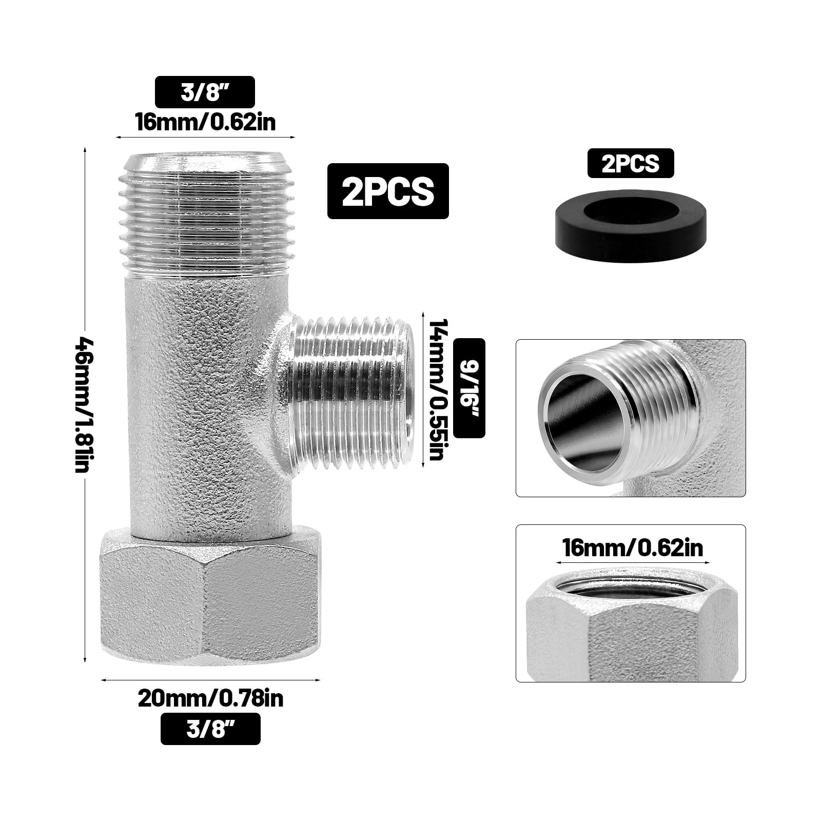 2 valvole angolari 3/8, 9/16 T, set di collegamento per WC, valvola di conversione a 3 vie, raccordo per acqua, raccordo a T, rotazione di 180°, nichelato, valvola di scarico per casa, bagno e