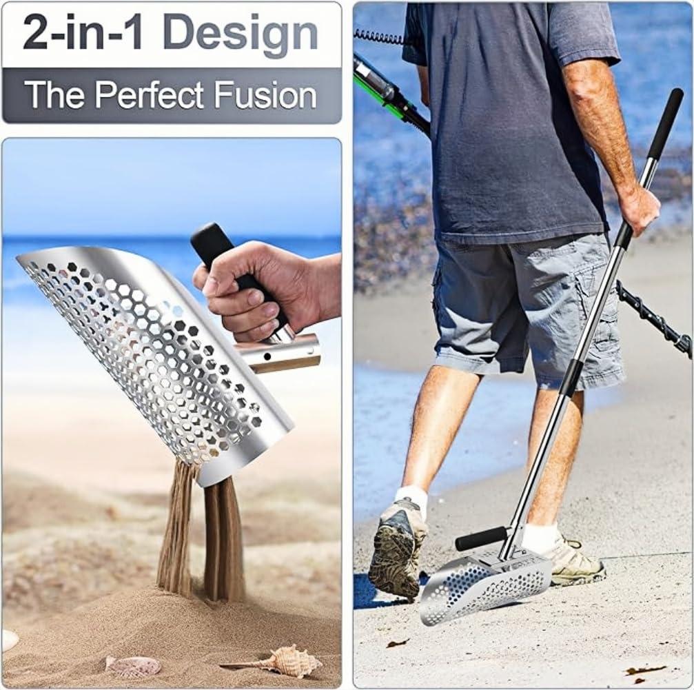 Heavy Duty Stainless Steel Metal Detecting Sand Scoop, Sand Scoop Handheld mit langen Stahlgriff Pole Design, ideal für Unterwasser-Schatzsuche Sandflohharke für den Strand
