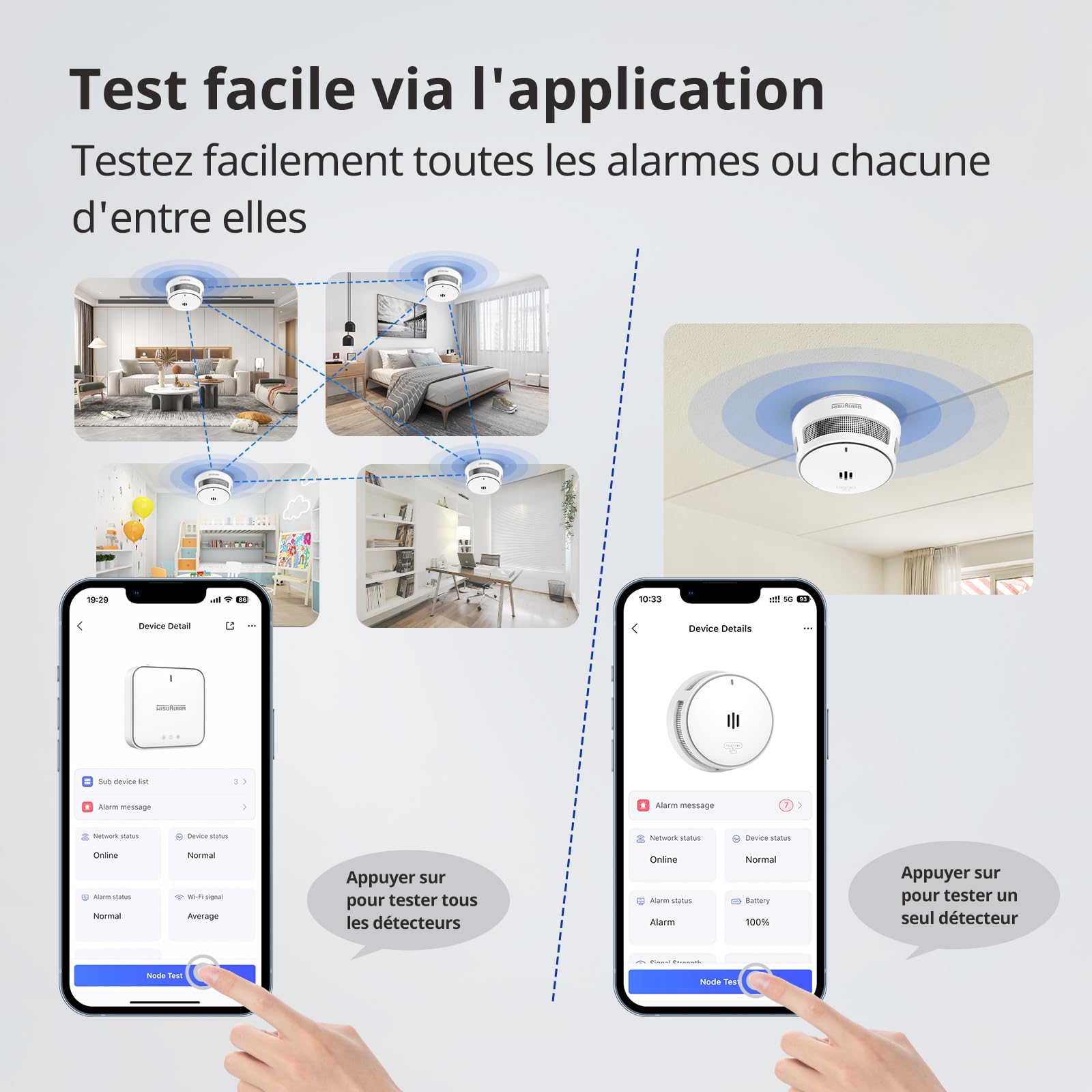 Detecteur De Fumée Intelligent avec Passerelle, Détecteur De Fumée pour La Maison, Wisualarm APP Notificaiton Push, Batterie Scellée De 10 Ans, EN14604 (5*détecteur De Fumée+1*passerelle)