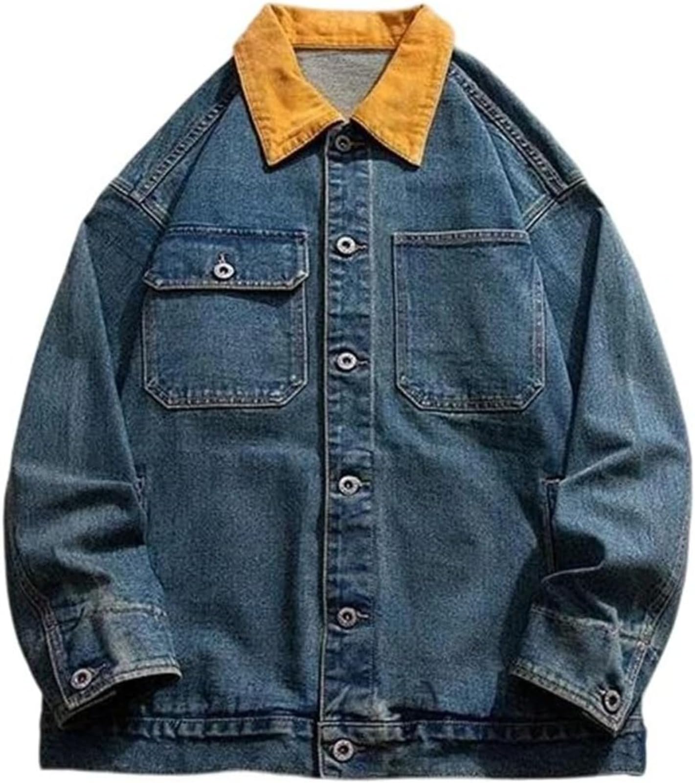 Tendencia Callejera Retro para Hombre Moda Versátil Bloqueo De Color Clásico Botón De Solapa Chaqueta Vaquera Primavera Y Otoño Chaqueta Informal Suelta Al Aire Libre