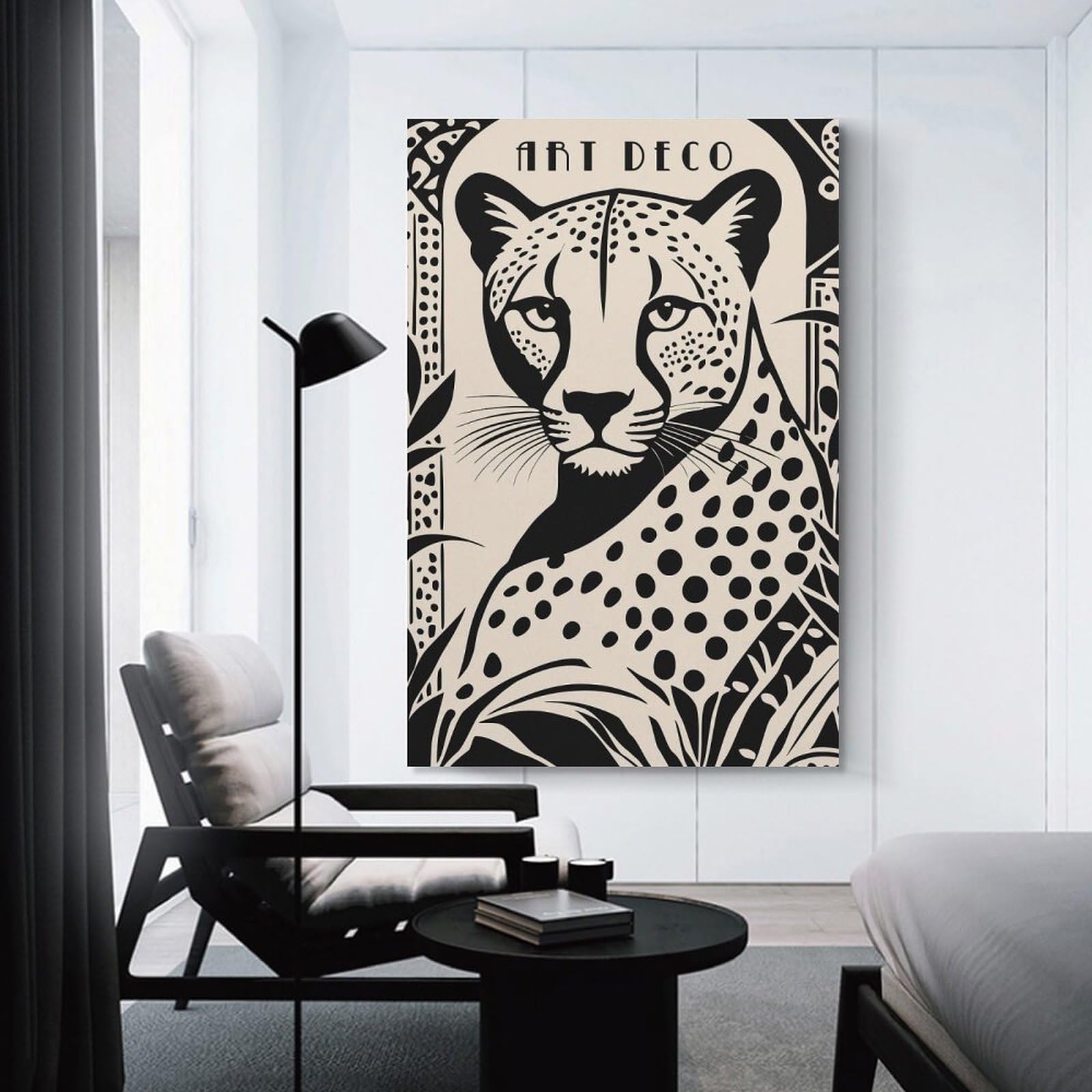 Junmoney Art Deco Cheetah Illustration Decorative Wall Artwork, 20x30inch(50x75cm), for Home Lounge, Bedroom Or Reading Nook, Easy Decor for Gallery Walls