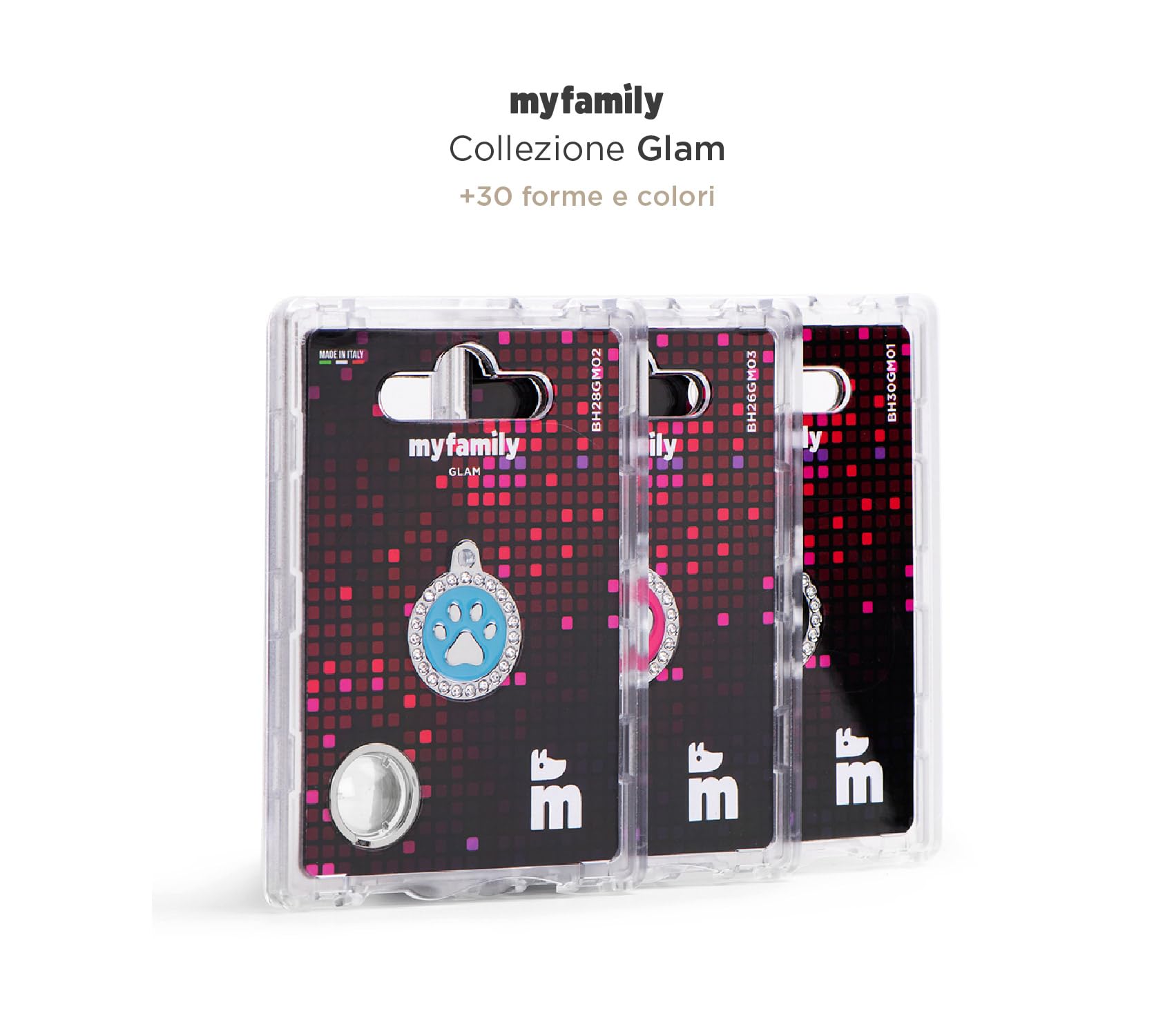 My Family Medaglietta per Cane Personalizzata, A Forma di Cuore Cerchio Strass Fucsia, Targhetta Cane con Incisione Gratis, Smaltata a Mano in Metallo, Collezione Glam