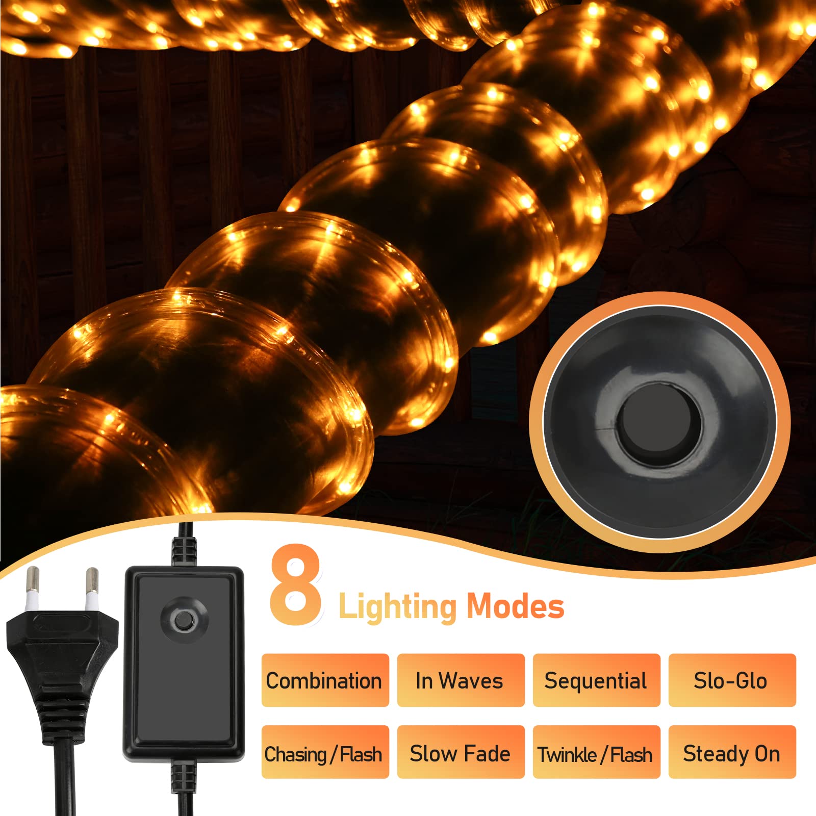 Fiqops Manguera LED Exterior, 30m Tubo LED Impermeable, Led Manguera de Luces, LED Luces de Tira con Enchufe, para Decoración e Iluminación Jardín-amarillo