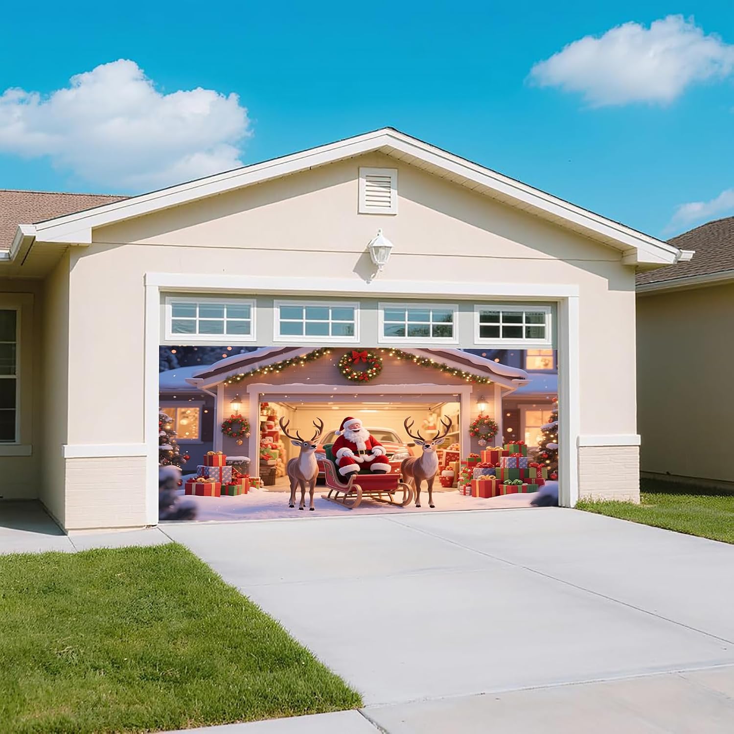 Christmas Garage Door Banner – Santa Claus, Little Girl & Cute Dog Carrying, Large Outdoor Holiday Mural for Garage, Yard & Porch Decor,16 x 7ft/4.8 x 2.1m