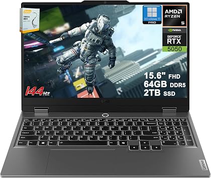 Lenovo LOQ Gaming AI Laptop | 15.6" FHD 144Hz 100% sRGB G-SYNC | AMD 6-core Ryzen 5 220 | 64GB DDR5 2TB SSD | GeForce RTX 5050 440 AI Tops | Backlit 5MP Privacy Camera Win11Pro w/DLCA Accessory
