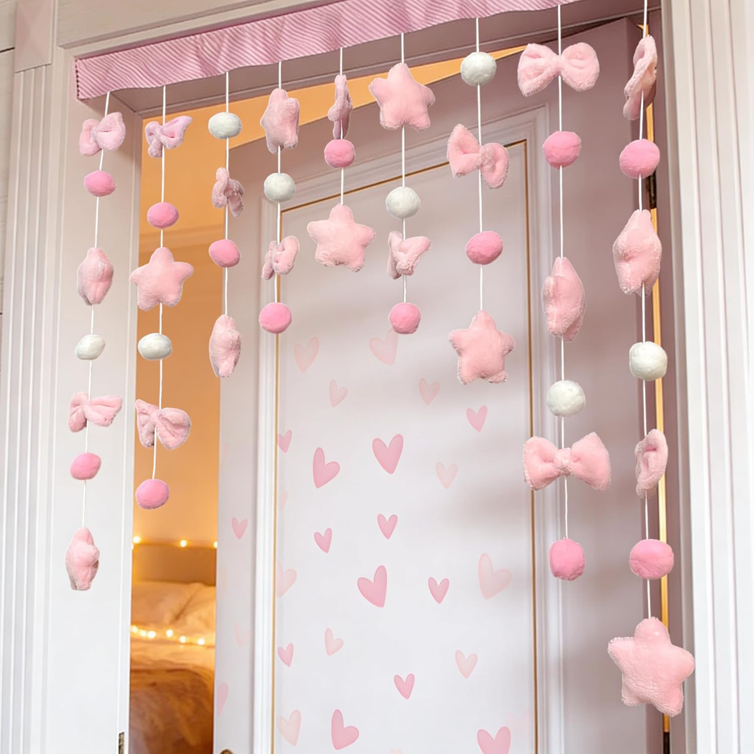 Kawaii Plush Door Curtain and 80pcs Pink Heart Shape Wall Stickers, 33" W x 28" L Self-Adhesive Arc Design, Pastel Stars Bows for Girls Room, Bedroom, Nursery, Window Decor, Pink