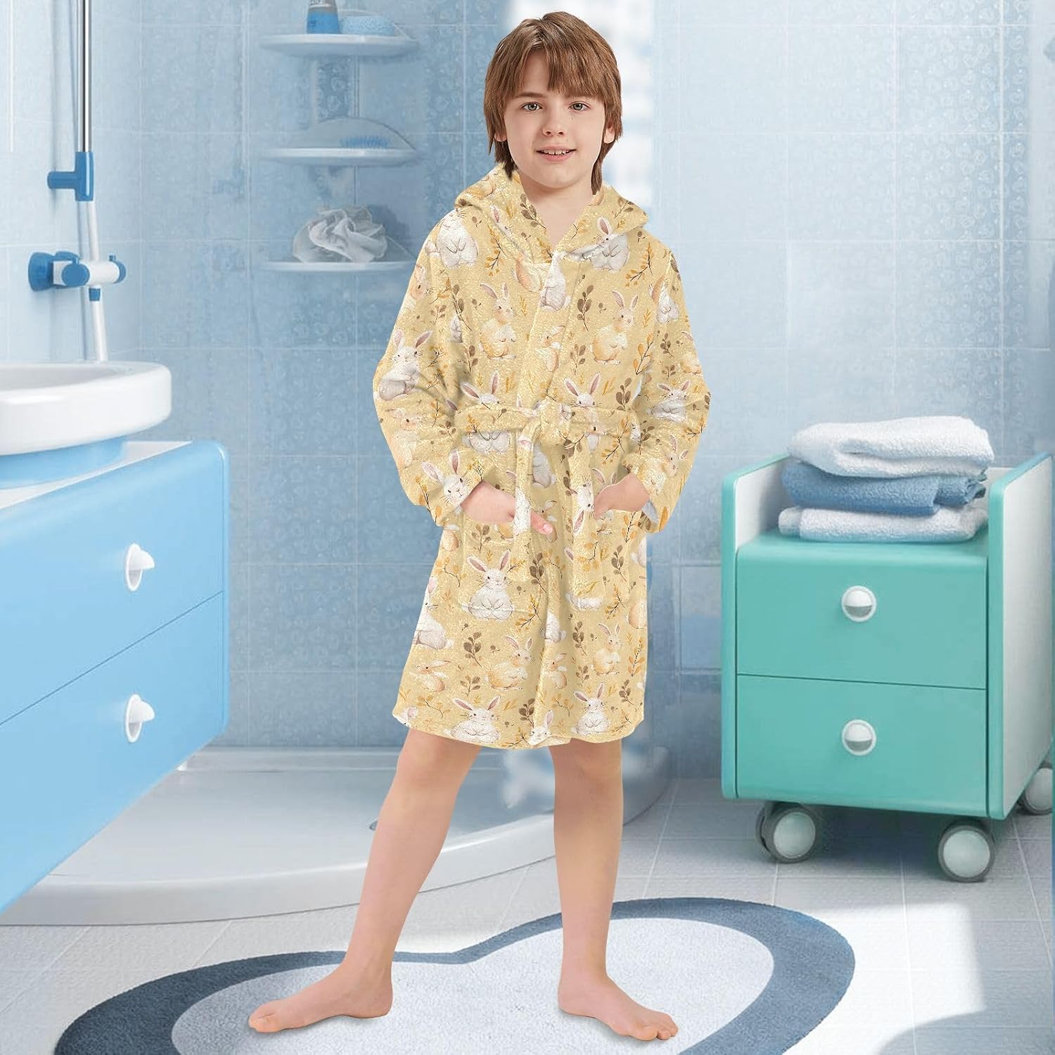 senya Rabbit and Grass A Toddler Hooded Bathrobe Kids Soft Plush Bath Towel Robes for Boys Girls 2-12 Years