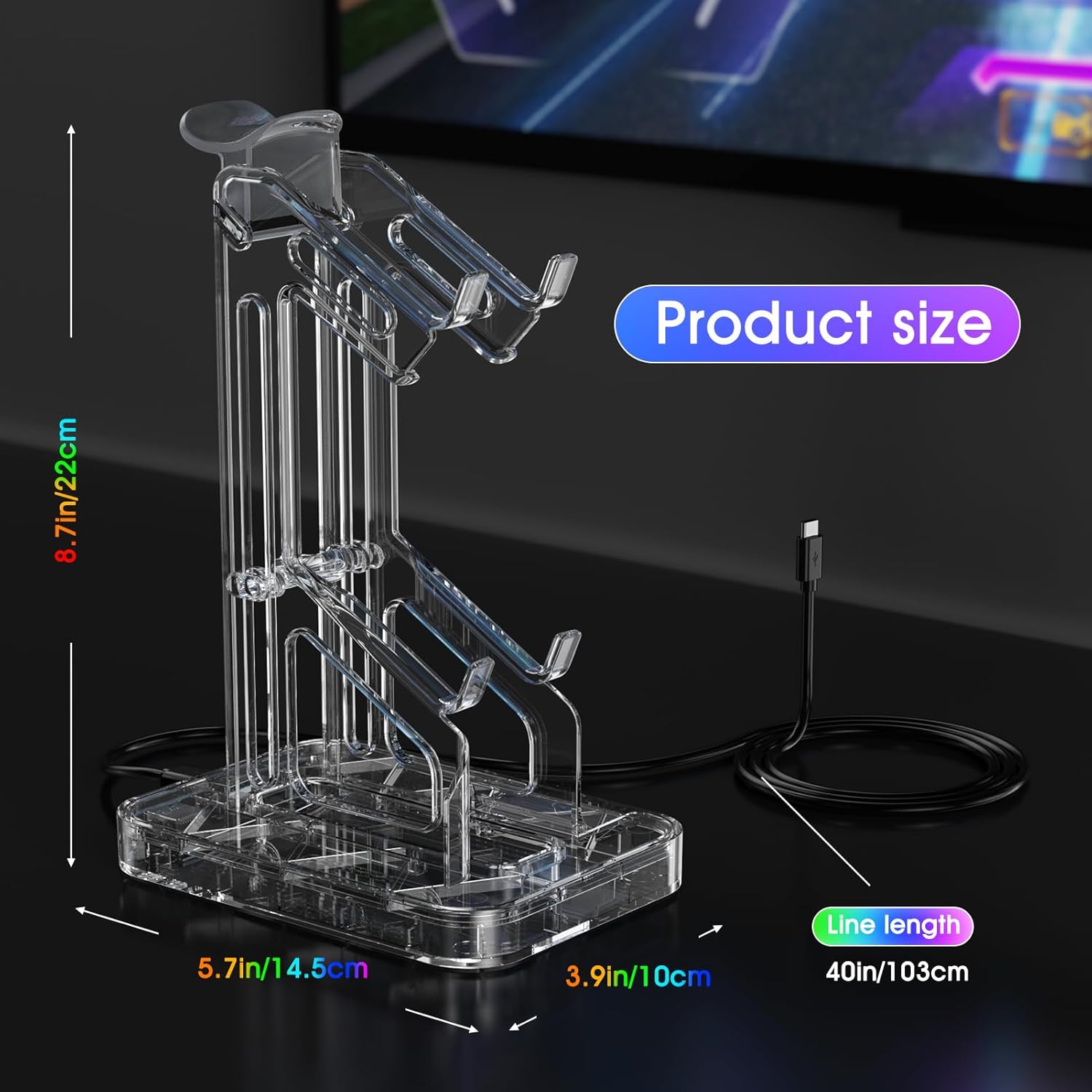 Luckit Gaming Headphones Stand, RGB Headset Stand with 2 USB Charging Ports, Dual Controller Holder with Light Modes, Earphone Hanger Accessories for Desktop Gamer - Image 5