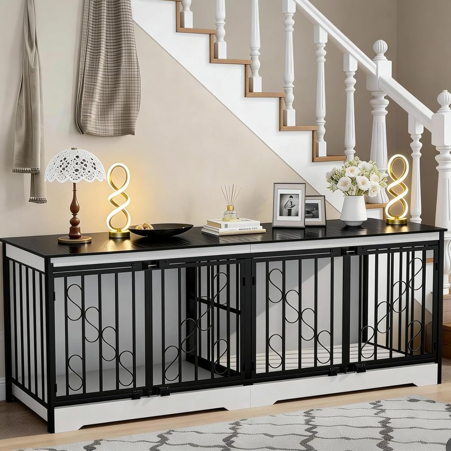 COZPAW 71" Black & White Double Dog Crate Furniture for 2 Dogs, Heavy Duty Wooden Dog Kennel Furniture Indoor TV Stand, Modern Dog Crates for Large Medium Small Dogs with Divider