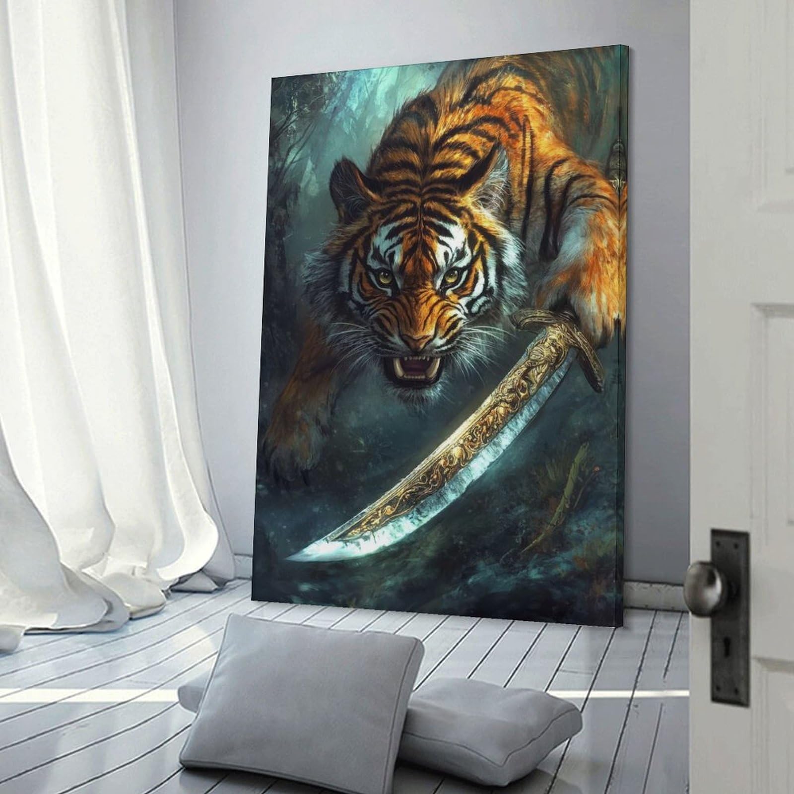 Junmoney Frame-Style-7 Tiger With Sword In Jungle Canvas Wall Decor, 08X12inch(20X30cm), For Wall Displays, Bedrooms Or Room Updates, Wall Decor Suited To Curated Displays