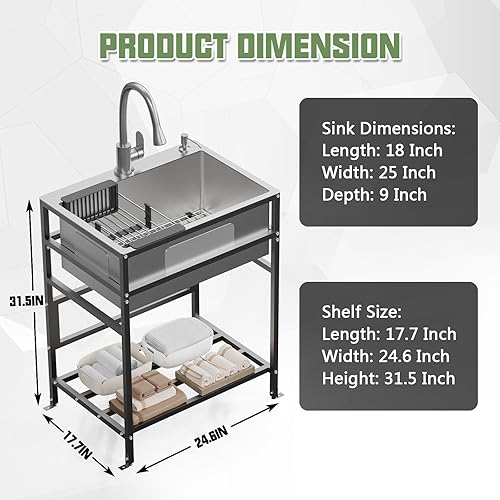 Miniatura 5 de Fregadero utilitario, fregadero independiente de acero inoxidable de 25 x 18 pulgadas, practicidad con accesorios grifo de cocina, dispensador de