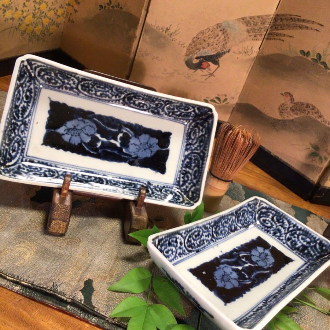 A582 古伊万里 染付 見込牡丹 タコ唐草紋様 隅入長皿 2枚 - WWW.OWR.COM.PY