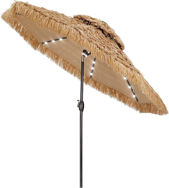 Saemoza Thatched Patio Tiki Umbrella with Tilt, Builtin LED lights 2