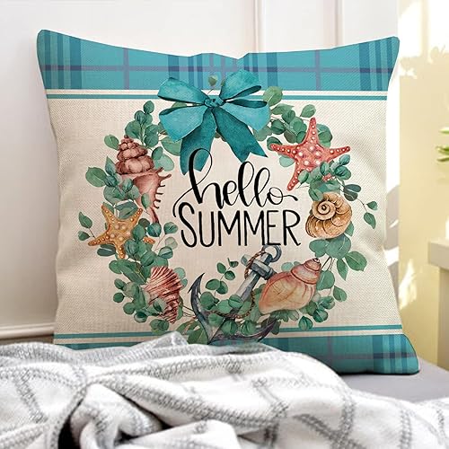 Miniatura 5 de Hello Summer Beach Shell Coral Coastal - Juego de 4 fundas de almohada decorativas de 18 x 18 pulgadas, diseño náutico de estrella de mar, caracola,
