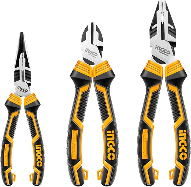 INGCO 3Pcs High Leverage Pliers Set, 8" Combination Pliers and 7" Diagonal Cutting Pliers and 6" Long Nose Pliers HKHLPS2831