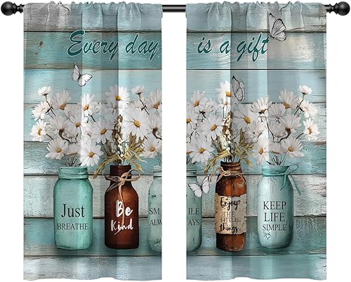 Cortinas de ventana de cocina color verde azulado, pequeñas y cortas, vintage, floral, primavera, retro, bonitas, 2 paneles para mini-cafetería,