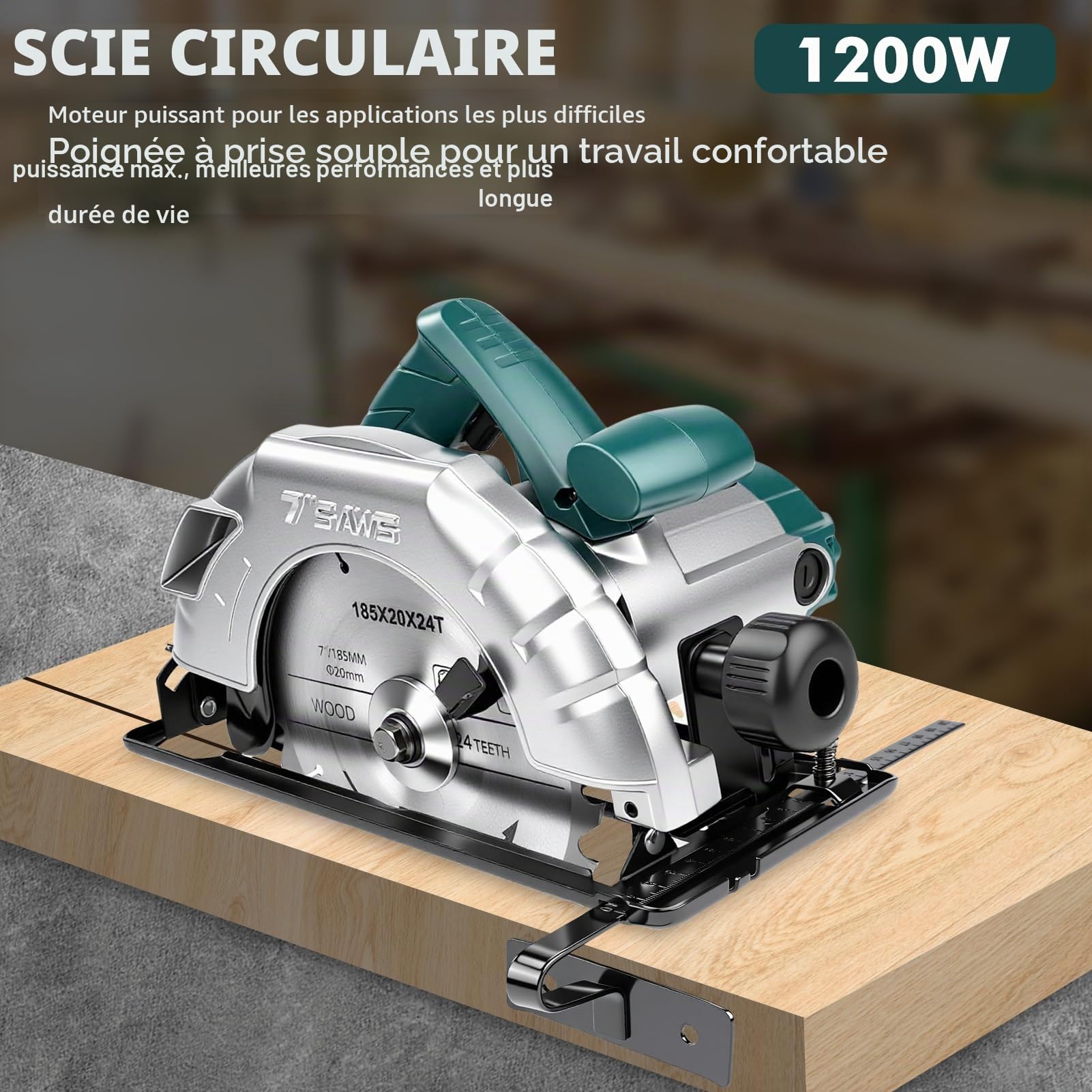 Scie Circulaire 1200W avec Rail de Guidage, Scie Circulaire Électrique Filaire 5200RPM, Profondeur de Coupe Max : 60mm (90°) et 45mm (45°), 3 Lames de Scie Ø : 185mm (24T + 40T + 60T) pour Bois, PVC
