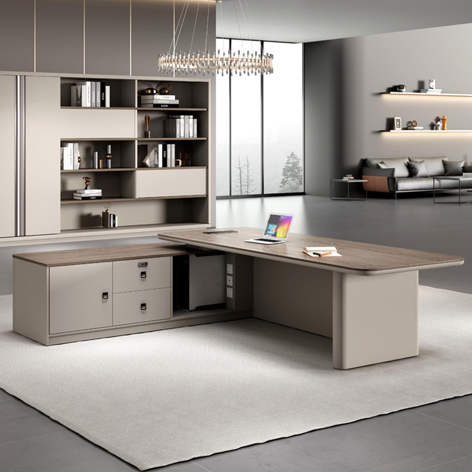 L-Shaped Grey Computer Desk Executive Office Desk with Lateral Cabinet Study Writing Table Business Furniture Set for CEO Boss