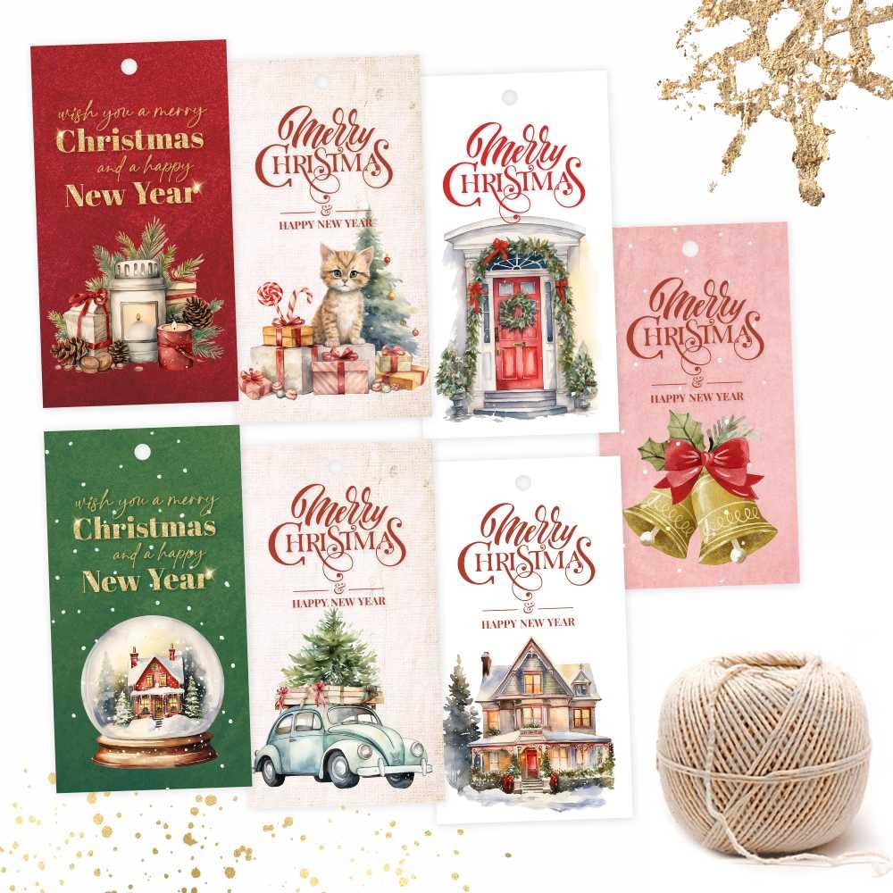 Merry Christmas Happy New Year Gift Tags, Pack of 70 with Jute String – Premium Holiday Tags for Gift Wrapping, Party Favors, decorations, cake boxes Merry Christmas Happy New Year Gift Tags, Pack of 70 with Jute String – Premium Holiday Tags for Gift Wrapping, Party Favors, decorations, cake boxes