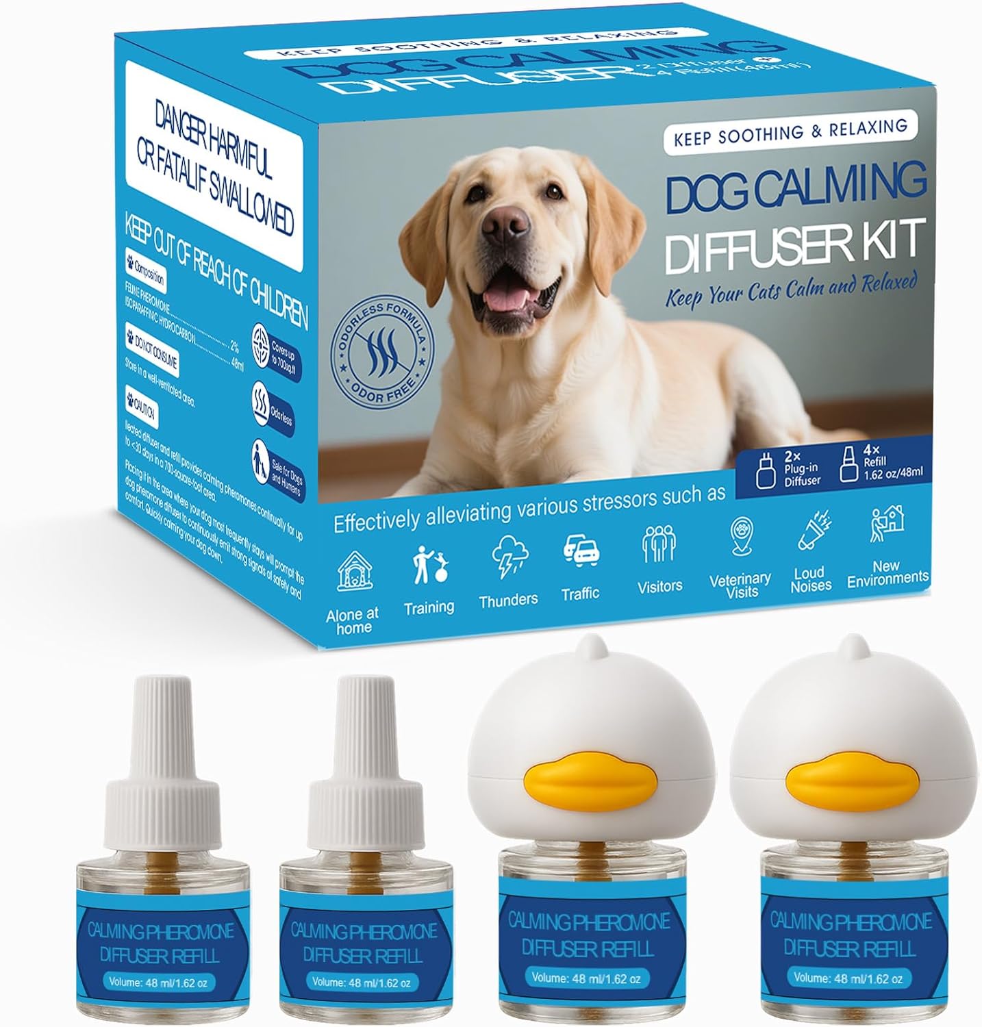 Dog Calming Pheromones Diffuser 6 in 1 Kit Appeasing Pheromone Diffuser to Calm (2 Plug in+4 Pack 48ml Refill) for Anxiety