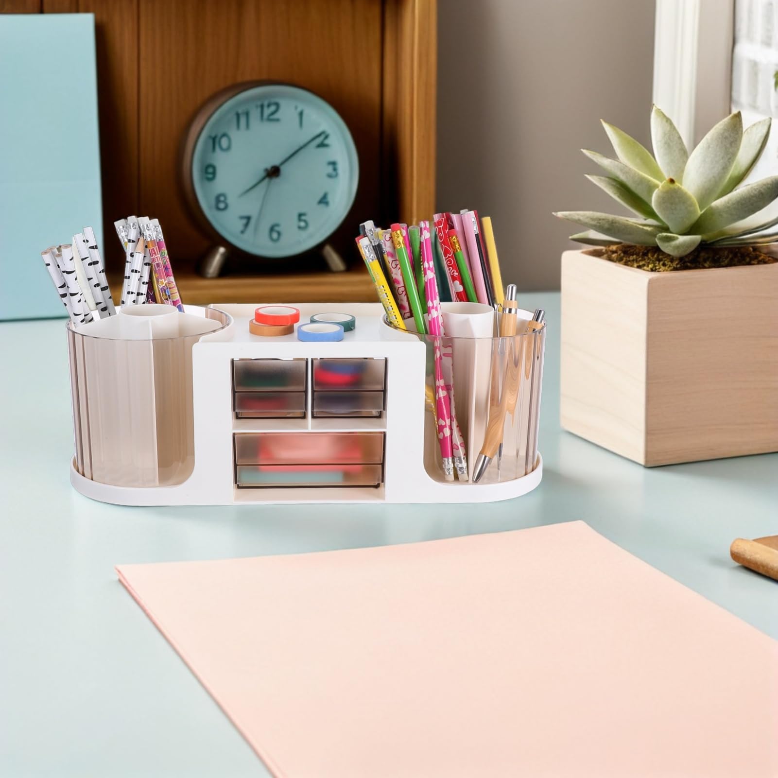 DOITOOL Organizador de Escritorio Giratorio con Cajón Portalápices Transparente Doble Rotación para de Oficina Almacenamiento de Papelería y Accesorios de Arte