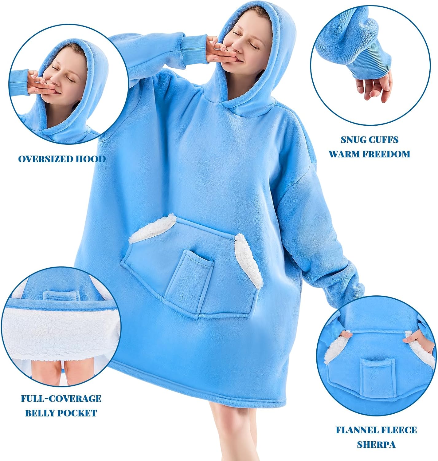 Wearable Blanket Hoodie, Oversized Sherpa Fleece Sweatshirt Blanket with Giant Pockets & Sleeves for Adult, Cozy Hooded Blanket, Winter Gift for Women, Blue - Image 3