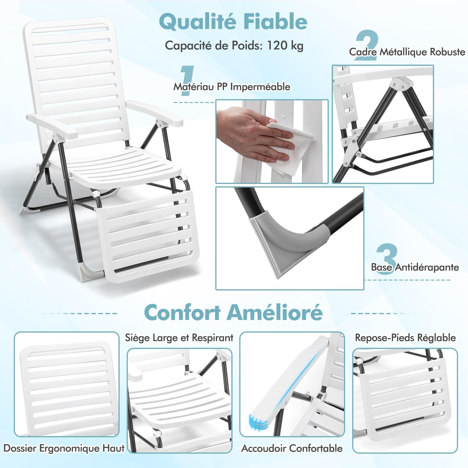 GOPLUS - Silla de relajación plegable, chaise longue con respaldo y reposapiés ajustables de 7 posiciones, sillón reclinable resistente a las inclemencias del tiempo, para terraza, jardín, piscina,