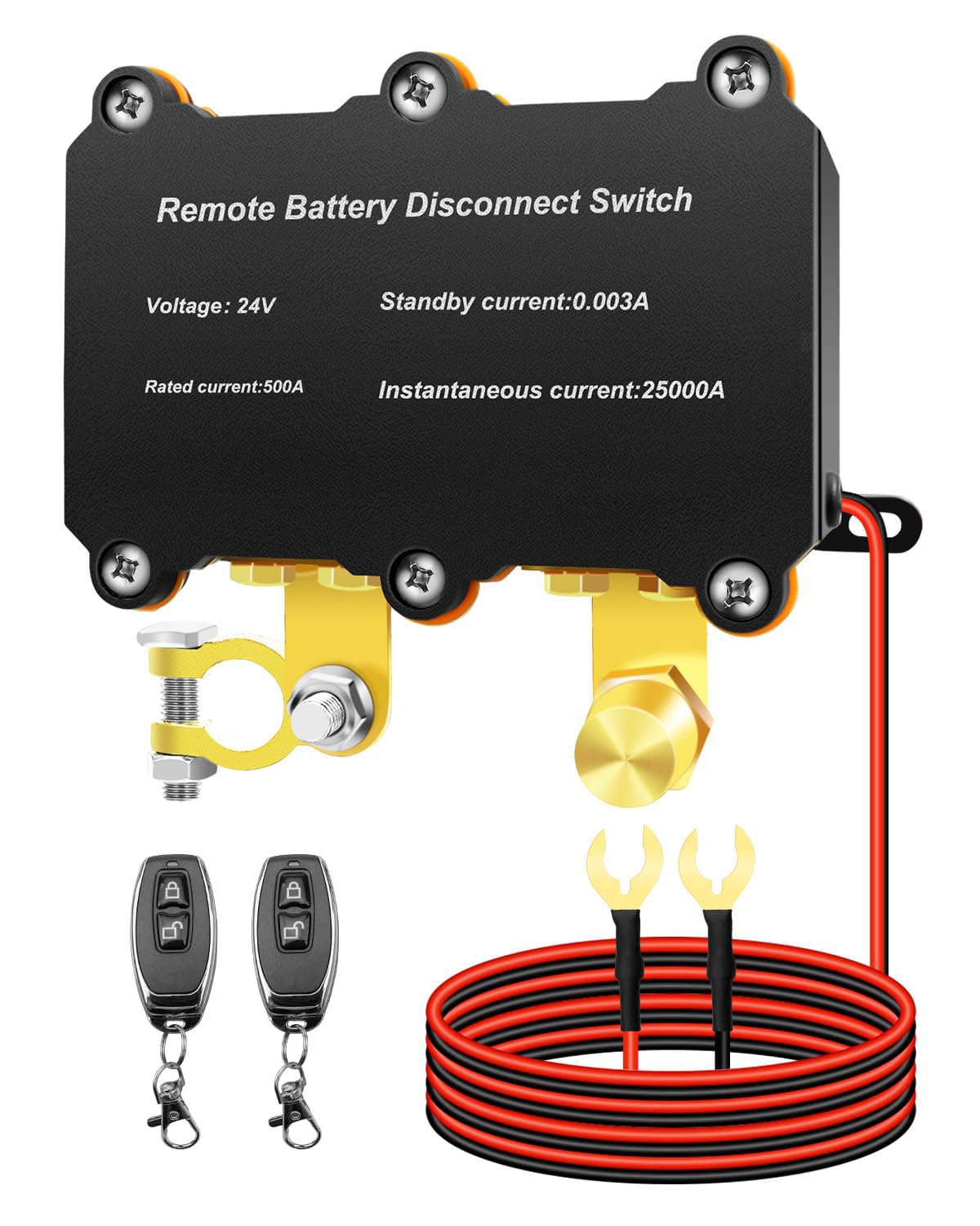 TERRIFIDC 24V 500A Remote Battery Disconnect Switch, Intelligent Kill Switch for Car, Truck, RV, Boat, Marine, Anti-Theft Battery Cut-Off with 2 Wireless Remote Controls