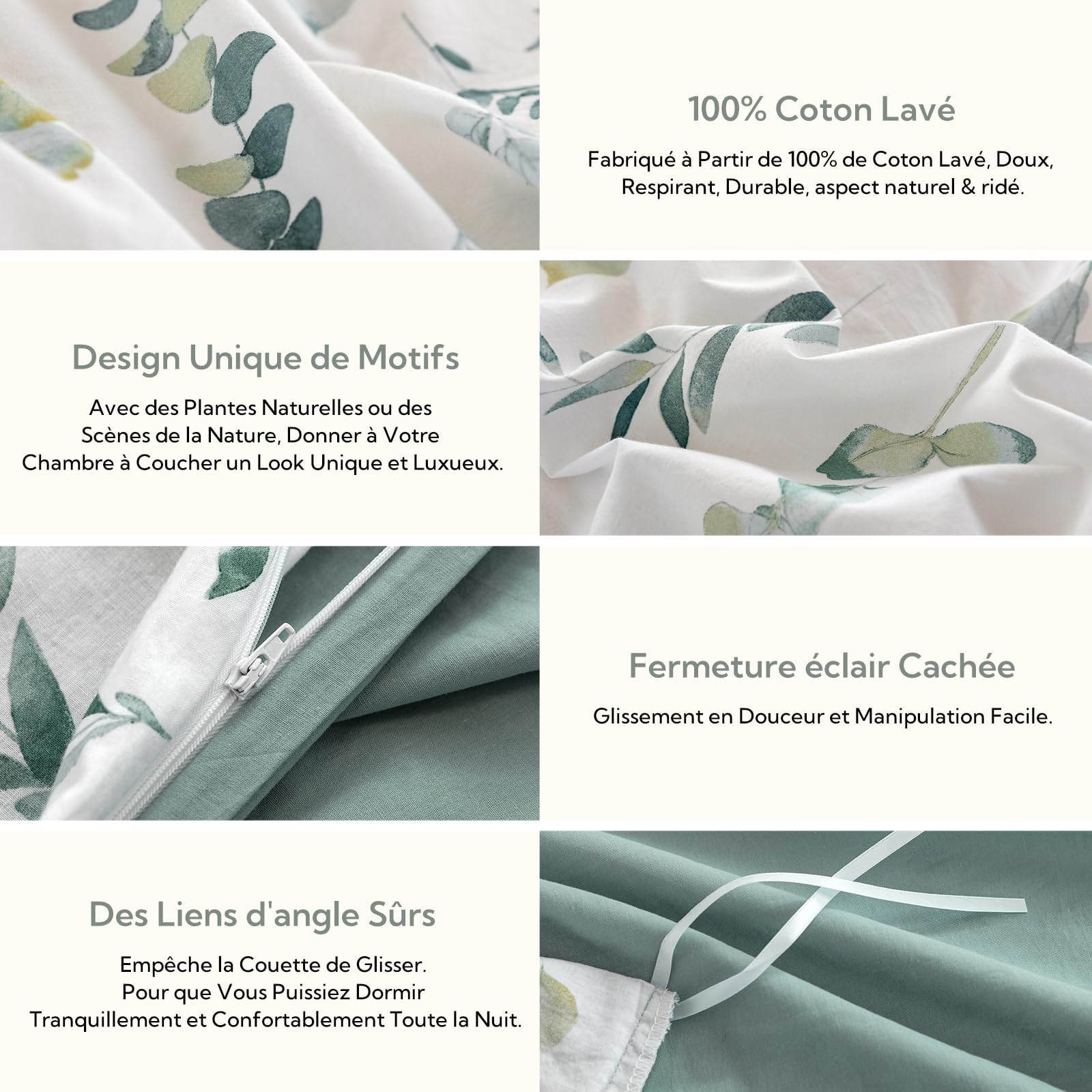 MILDLY Housse de Couette 220x240 Coton - Design Motif Botanique, 100% Coton Lavé, Certifié Oeko-TEX, Vert Sauge Motif Feuilles Parure de Lit 2 Personnes 220x240 Coton avec 2 Taies d'oreiller 65x65 cm