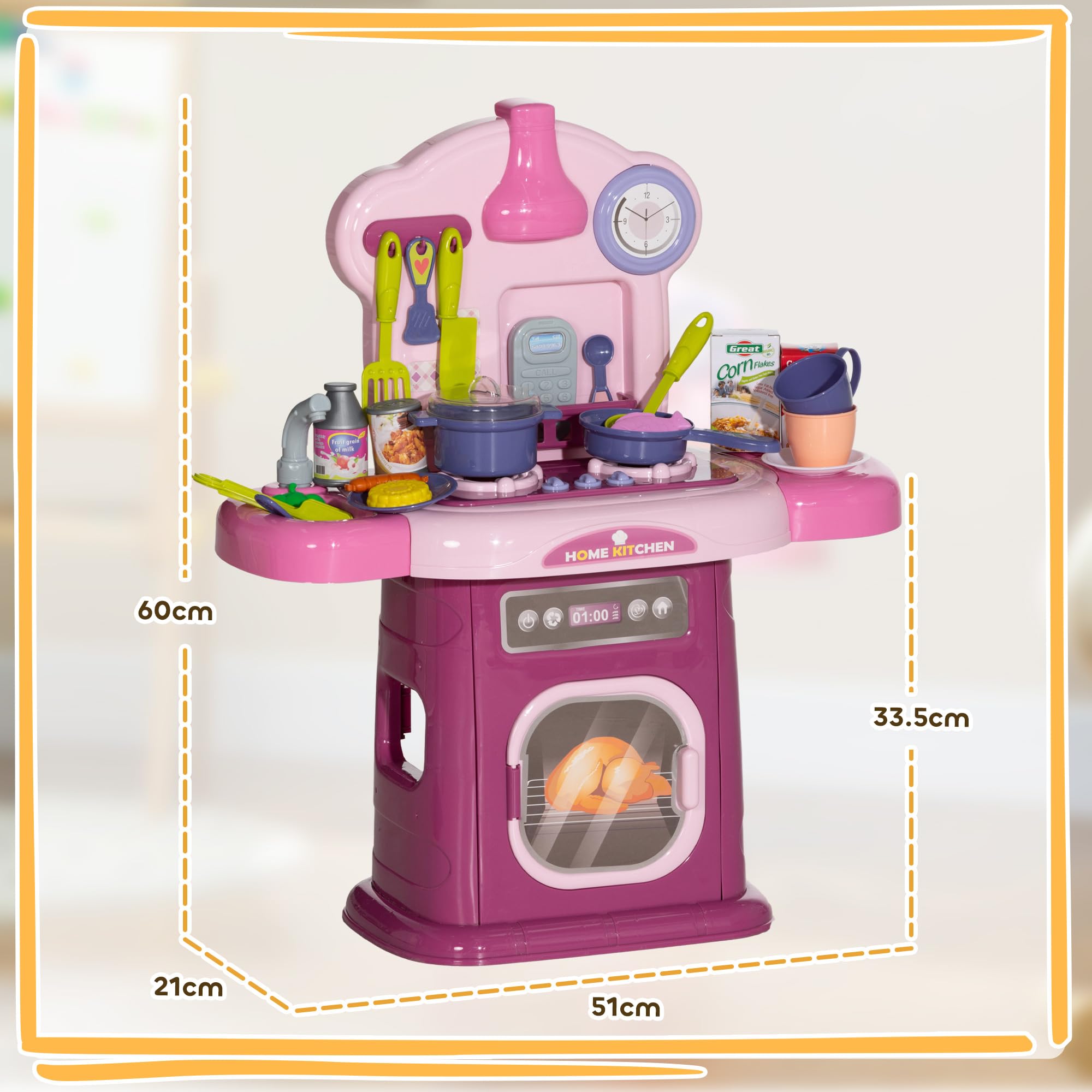 AIYAPLAY Cucina Giocattolo per Bambini 3-6 Anni con 38 Accessori, Suoni Realistici e Luce del Fornello, Gioco per Bambini in PP e ABS, 51x21x60 cm, Rosa