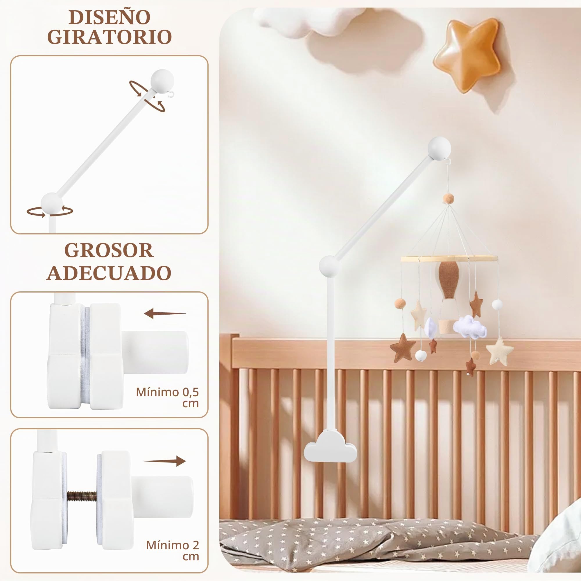 Soporte Móvil para Bebé, Soporte de Móvil Extraíble, Soporte de Madera para Cuna con Forma de Nube, Brazo Móvil de Cuna para Juguetes, Campanas de Viento y Decoración de Habitación, Blanco